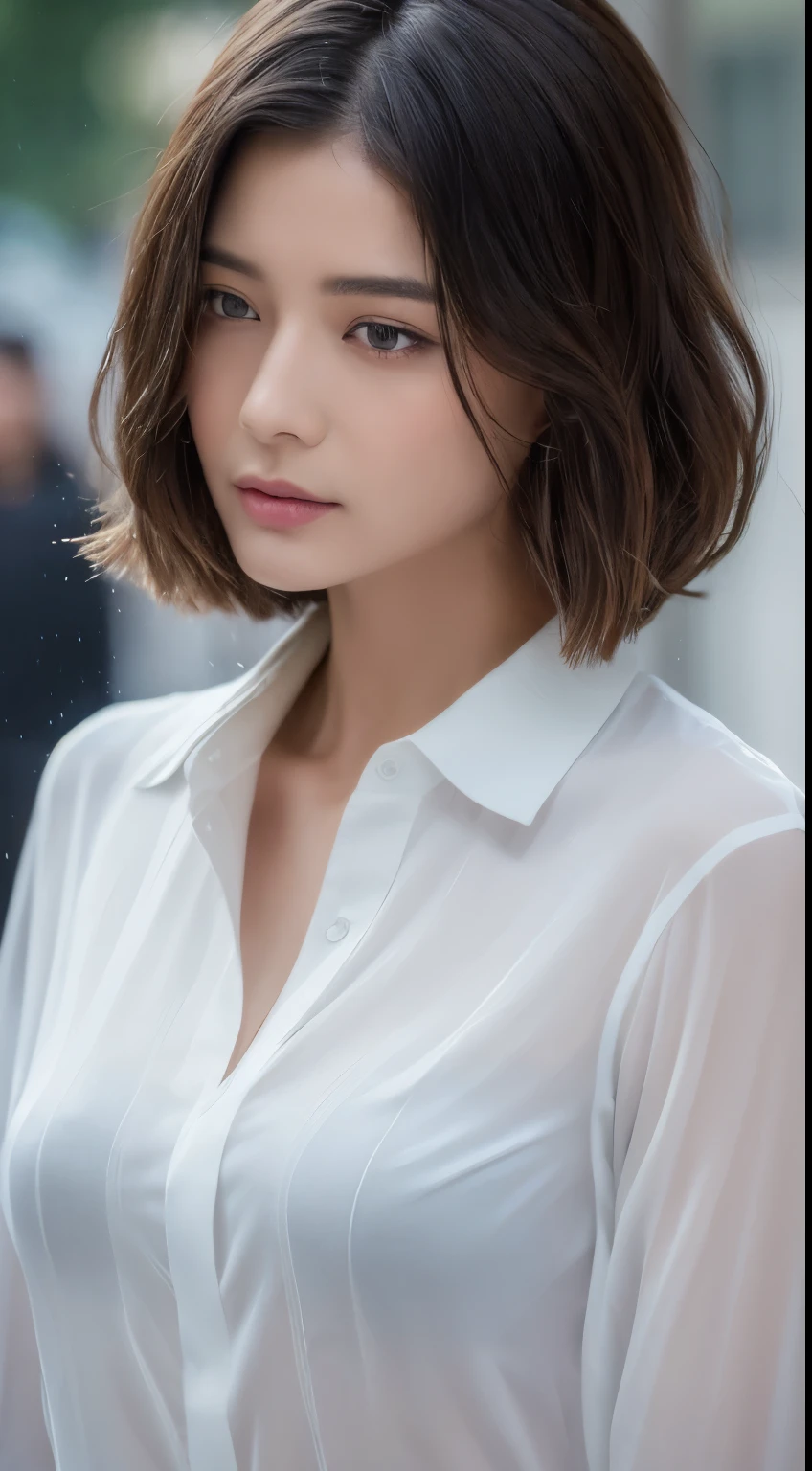 ((Best Quality, 8K, Masterpiece: 1.3)), Sharp: 1.2, Perfect Body Beauty: 1.4, Slim Abs: 1.2, ((Layered Hairstyle: 1.2)), (Wet White Button Long Shirt: 1.1), (Rain, Street: 1.2), Wet: 1.5, Highly detailed face and skin texture, detailed eyes, double eyelids, side face looking at the camera, Chinese woman
