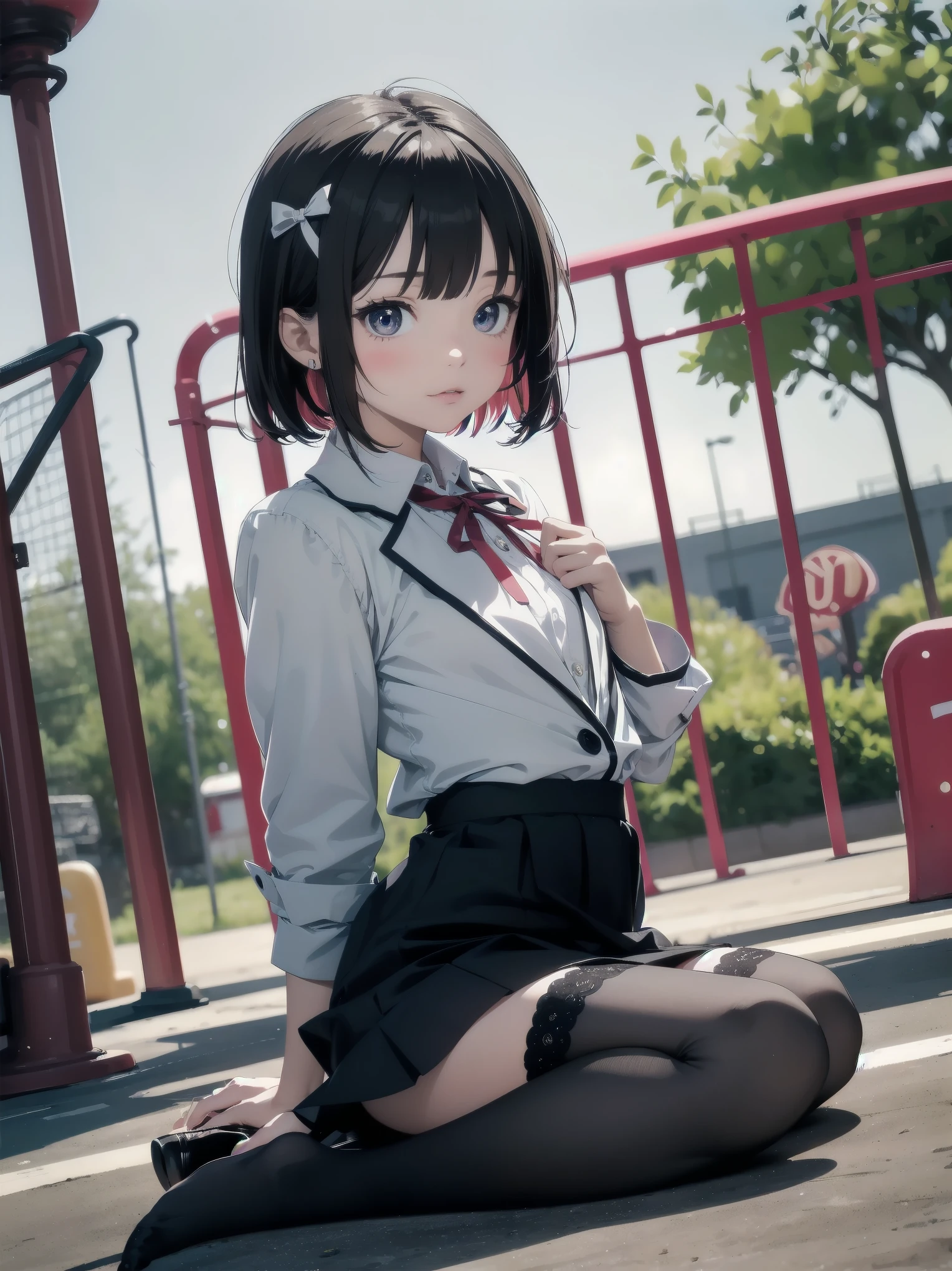 (Masterpiece: 1. 2), (Top quality: 1. 2), Anime girl, 1, 6 , Fashionable ribbon, red intricate and detailed eyes, white female blouse, brand grey blazer, small red ribbon on chest, super young and cute kindergarndergarten , priss skirt, black tights, details Fine tights, full body, young girl looking back from the side, front view, alone, bruised and super cute, thighs open left and right, erotic pitch kindergarten ,
Background is sitting on the playground equipment in the park, legs open and looking at you, colourful background, beautiful shading effect, bewitching character poses like a scene from a movie.