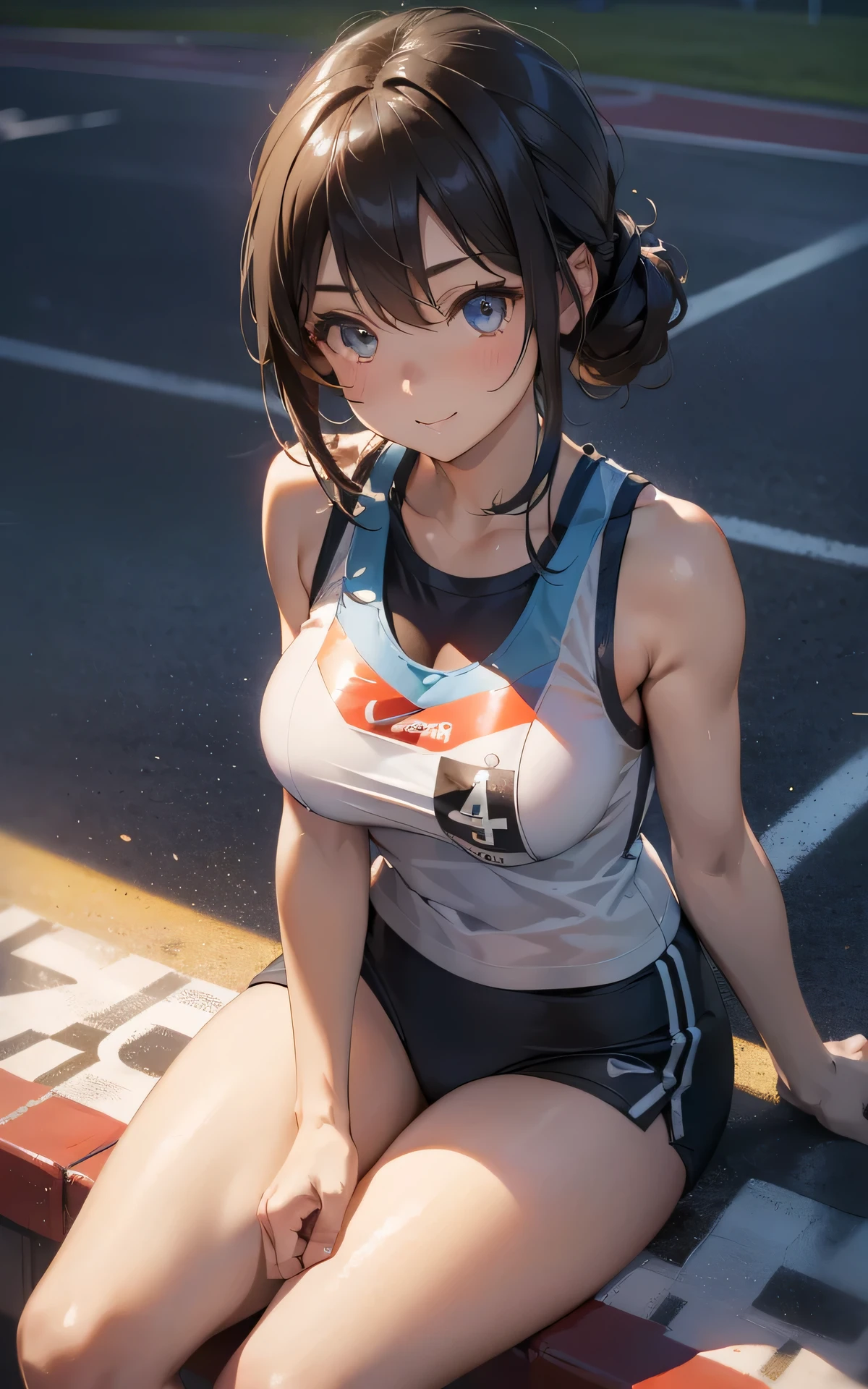 Photo of a 20 year old woman, Perfect Face, masterpiece, good, Sports bra,Racing Bloomers、good,  Dynamic Perspective、Run at full speed、Sweat flying、Serious face、Run towards the viewer、Track and Field、Nipple swelling、Pussy Cameltoe