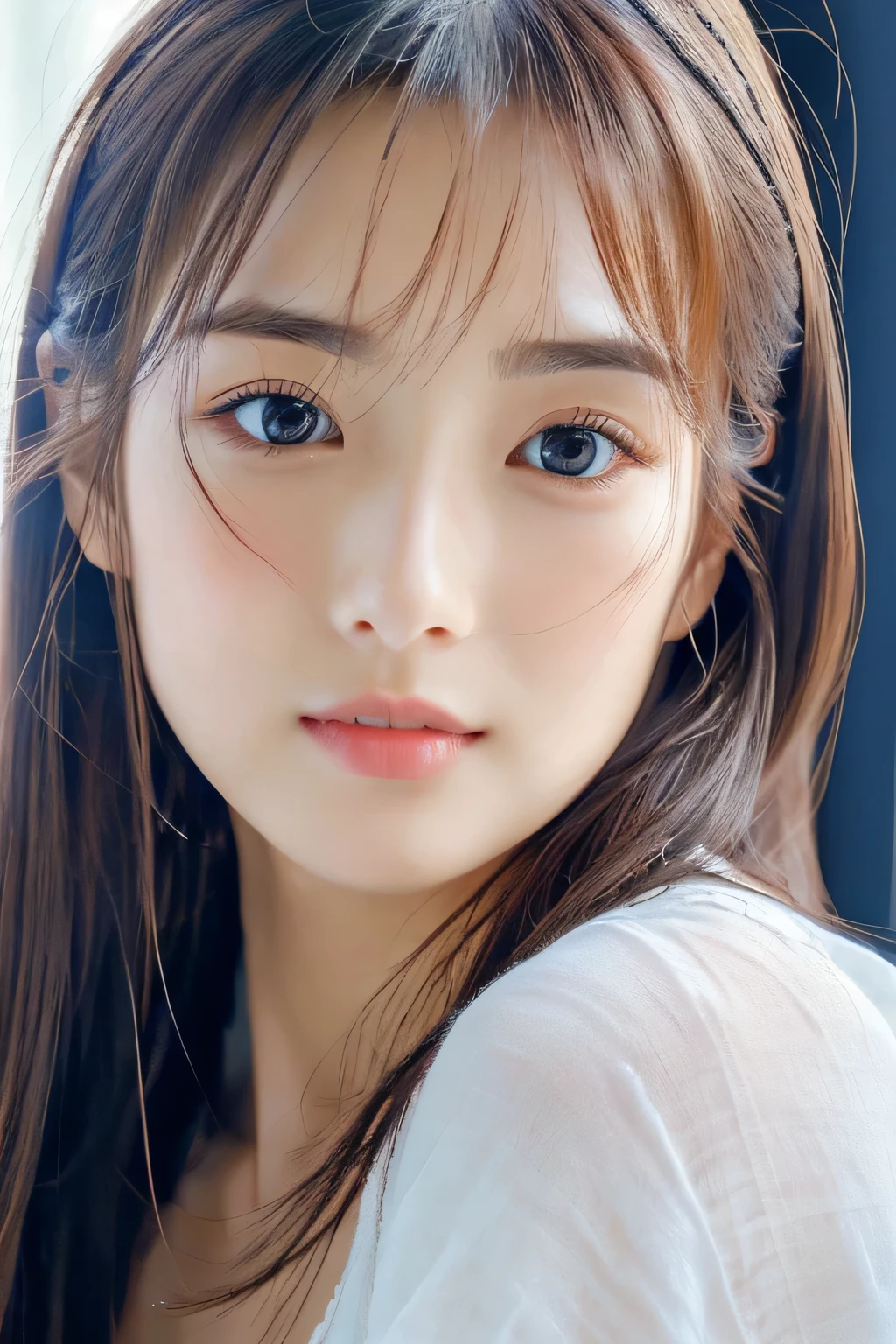 (((32k,high details,high detail、masterpiece,attention to detail,alone))),Raw photo & realistic atmosphere,beautiful dark blue eyes,detailed mouth,glossy lips,thin eyebrows,fine eyes、Soft white skin that shines in every detail、her deep black eyes are so beautiful,lip details、very beautiful face,very well-shaped face、lifelike face,shining beautiful lips,beautiful eyebrows,infinite reality, Realistic young gravure idol,she'she'she'she'she'she's a very cute woman , young gravure idol, young gravure idol, Very beautiful and cute 21 year old beautiful girl,incredibly beautiful and classy,21 year old beautiful girl,natural soft light,(shiny hair,,Beautiful and kind eyes:1.5),gentle smile,well-shaped chest,medium long hair,tie hair,beautiful posture,no makeup,think ahead,