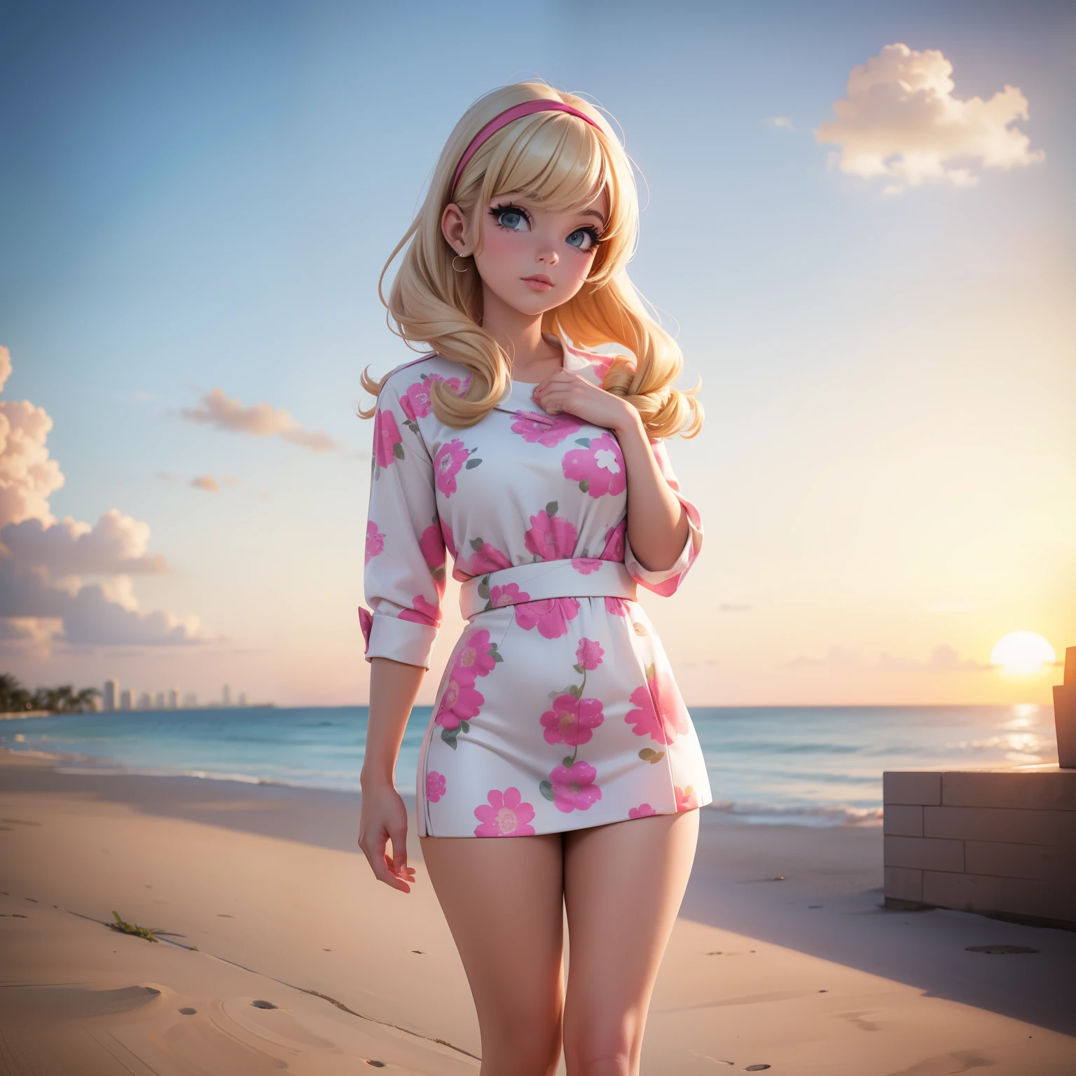blonde american girl, ((typical 60s hairstyle)), ((typical 60s clothes)), Miami, sunset, alone, voluminous body