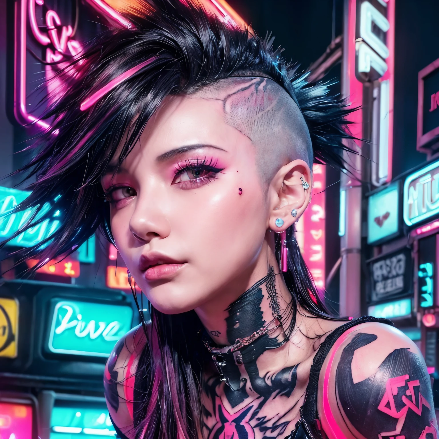 (0best quality, beautiful and aesthetic:1.2),(1 girl in:1.4),full body,sexy seductive slutty pose([pink|black] short mohawk Hair:1.5),Very detailed,(Fractal art:1.3),(colored:1.5) ,highest details,(Neon background:1.4),(Neon city:1.75),night, accentuated super huge big breasts,cleavage showing(_ta:1.2),high heels,blush,(Cyberpunk, Harajuku-inspired cyberpunk, tattoo sleeves and piercings:1.4), Brunette, Colossal breasts, rich colors hyper realistic and realistic texture dramatic lighting