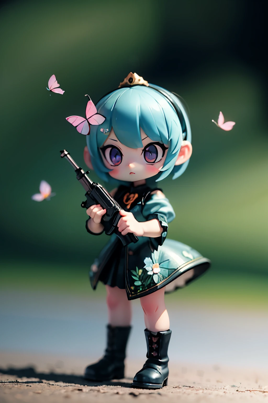 Octane Render、(Hyper-detailing: 1.15)、cinematic lightening、Cute Fantasy Princess、Handgun shooting practice、Fine Pattern Pistol,long boots、ultradetailed eyes、Full Paint、(Floral hair ornament、butterfly hair ornament)、masutepiece、Anatomically correct、blur、depth of fields