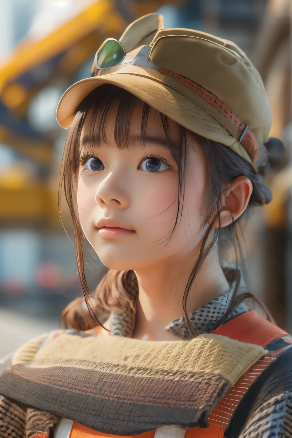 ((sfw: 1.4)),((detailed face, professional photography)), ((sfw, construction worker outfit, pulled back hair, 1 Girl)), Ultra High Resolution, (Realistic: 1.4), RAW Photo, Best Quality, (Photorealistic Stick), Focus, Soft Light, ((15 years old)), ((Japanese)), (( (young face))), (surface), (depth of field), masterpiece, (realistic), woman, bangs, ((1 girl))