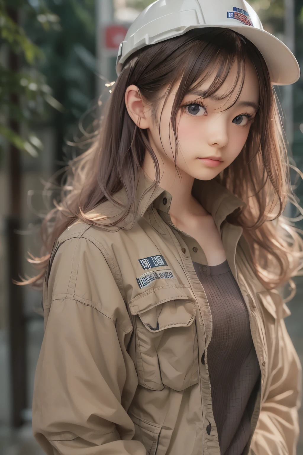 ((sfw: 1.4)),((detailed face, professional photography)), ((sfw, construction worker outfit, pulled back hair, 1 Girl)), Ultra High Resolution, (Realistic: 1.4), RAW Photo, Best Quality, (Photorealistic Stick), Focus, Soft Light, ((20 years old)), ((Japanese)), (( (young face))), (surface), (depth of field), masterpiece, (realistic), woman, bangs, ((1 girl))