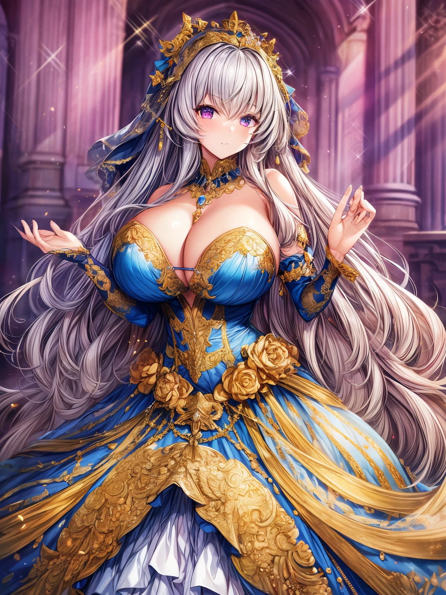 ((anime artstyle)),(Masterpiece),(Best Quality), (Super Detail),(((Very Delicate and Beautiful))),Solo,full body,((full body portrait)),((1 gorgeous bling-bling princess in beautiful embroidery and jeweled gorgeous rococo ballgown with voluminous full length hoop skirt)),detailed face and eyes,jewel-like eyes,((((absurdly gigantic tits)))),(((cleavage,curvy))),Skindentation,((castle,outdoor)),((crinoline,long train)),gorgeous princess rococo ballgown with voluminous full length hoop skirt and long train,(((bling-bling gorgeous rococo ballgown with beautiful embroidery and jeweled))),((large amount of straight hair, absurdly long hair,Very Long Straight Hair)),extremely gorgeousfull hair ornament,(bling-bling extremely gorgeousfull jeweled tiara),luxurious jewelry,full body,((bling-bling beautiful embroidery and jeweled gorgeous rococo ballgown with voluminous full length hoop skirt))