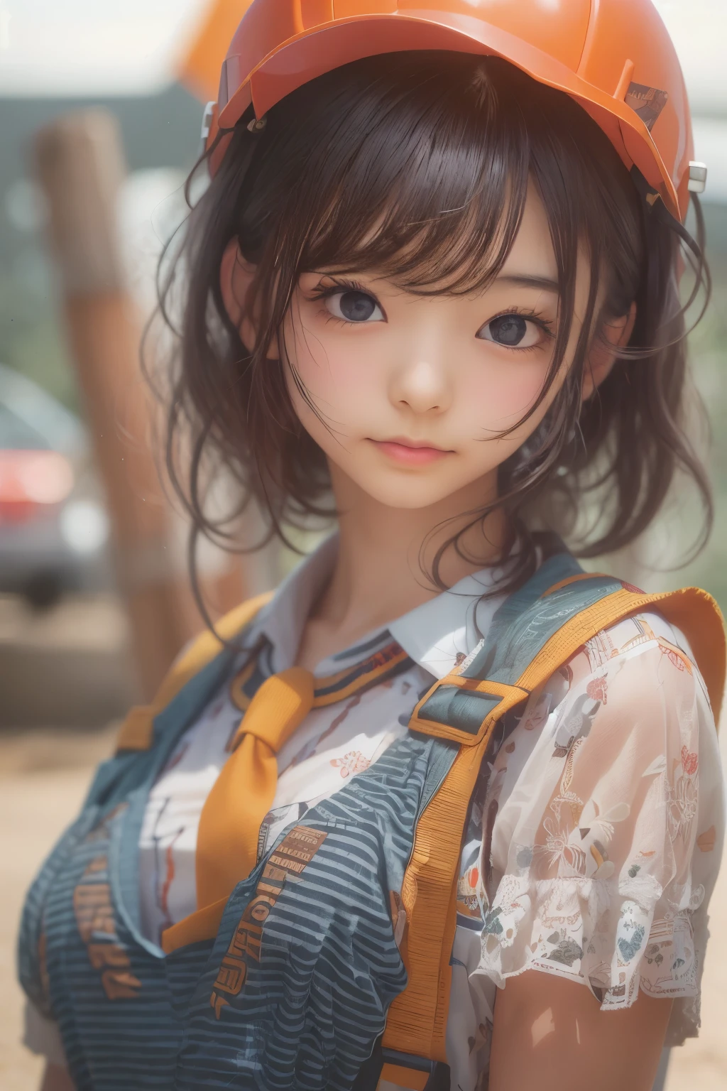 ((sfw: 1.4)),((detailed face, professional photography)), ((sfw, construction worker outfit, pulled back hair, 1 Girl)), Ultra High Resolution, (Realistic: 1.4), RAW Photo, Best Quality, (Photorealistic Stick), Focus, Soft Light, ((20 years old)), ((Japanese)), (( (young face))), (surface), (depth of field), masterpiece, (realistic), woman, bangs, ((1 girl))