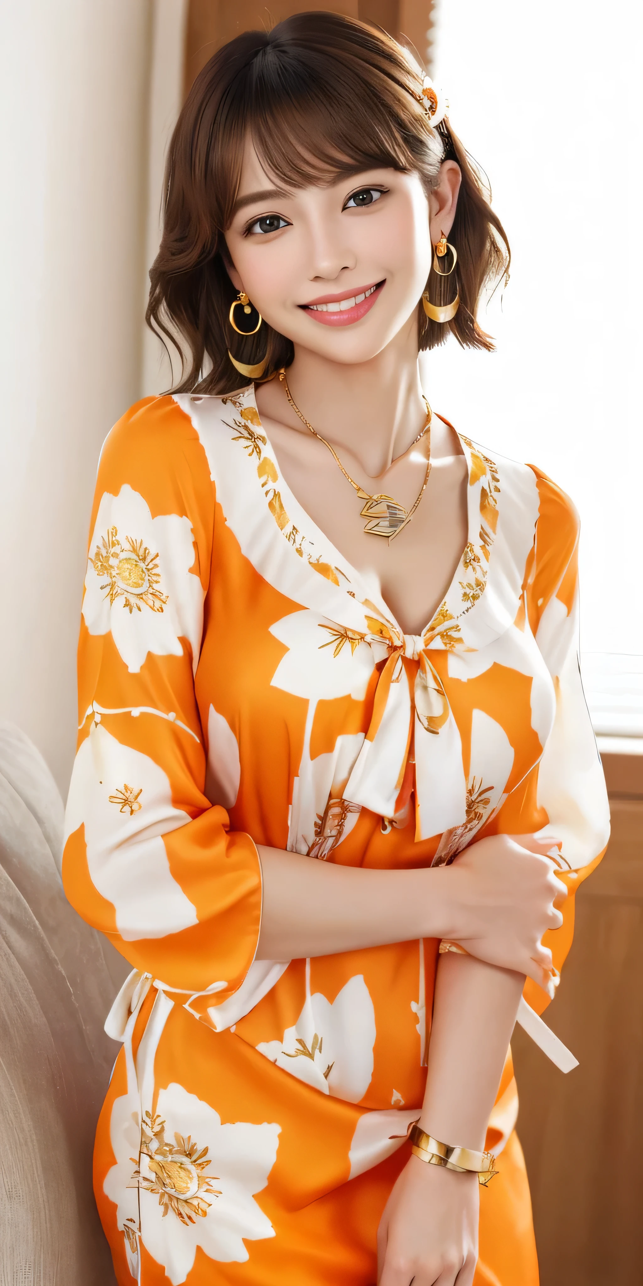 Photoreal、Masseter muscle part、highest quality、High resolution、Raw photo、realistic、bright lighting、face light、smooth professional lighting、japanese woman、Beautiful woman、modeled、gravure、sexy、super beautiful、realistic and beautiful skin、beautiful and detailed eyes、detailed face、slim、medium big breasts、short hair、brunette colored hair、brown eyes、looking at camera、Pose for a photo,((Flashy orange and white printed dress:1.3))、((Floral blouse、Blouse with ribbon:1.3))、((shy smile:1.3)),((gold necklace_Large earrings:1.2)),