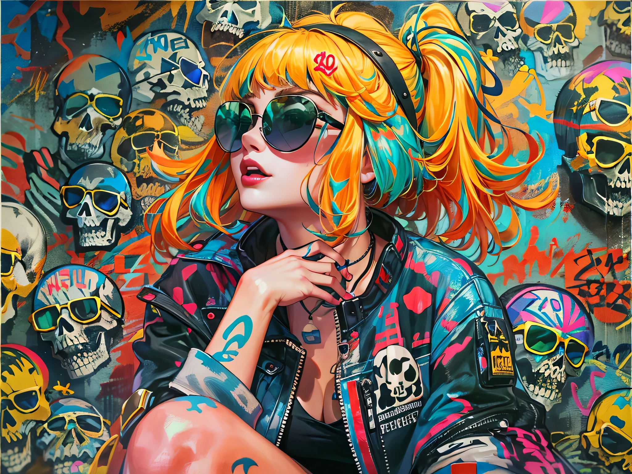 8K resolution、((highest quality))、((masterpiece))、((Super detailed))、1 female、alone、The strongest beautiful girl of all time、((incredibly absurd))、(((Stylish sunglasses))), Fashionable hats, lips in love、skull fashion、sit on the ground、neon、bob cut hair、 (((skull graffiti art))), colorful hair,