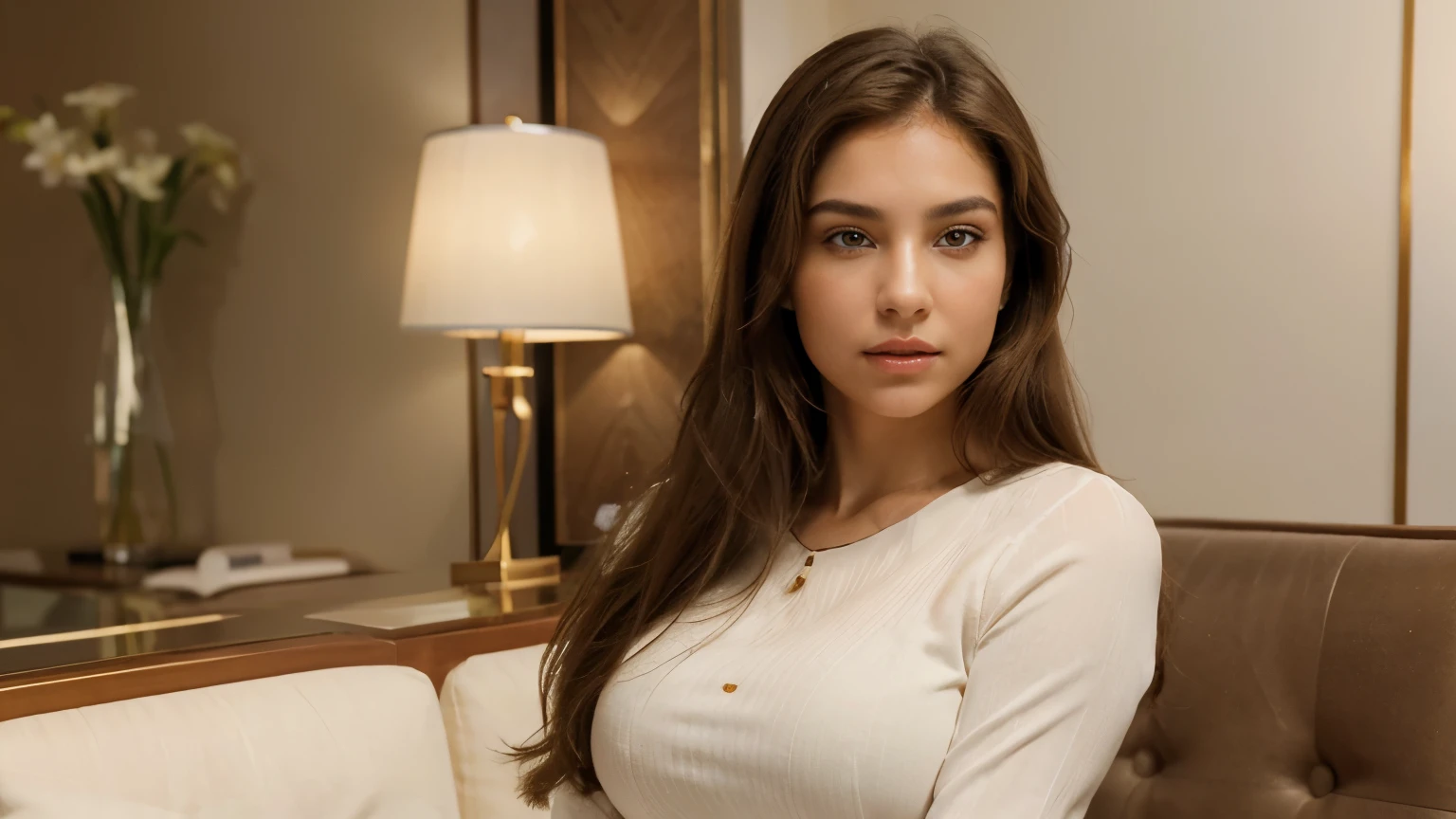 (Best quality, Ultra-detailed, Golden ratio, Masterpiece:1.1), News agency setting, Bright lighting, Crisp and clear image, Beautiful girl with radiant features, (Expressive eyes:1.3), Captivating gaze, Delicate facial features, Red lips parted slightly in a confident manner, Professional attire, Blouse and pencil skirt, (Hands resting on the hips:0.8), News headlines in the background, Shallow depth of field, Focus on the girl's face, Clear skin texture, Glowing complexion, (Slight blush: 0.5), Realistic and vivid colors, ((iconic pose:1.1)), (Ph