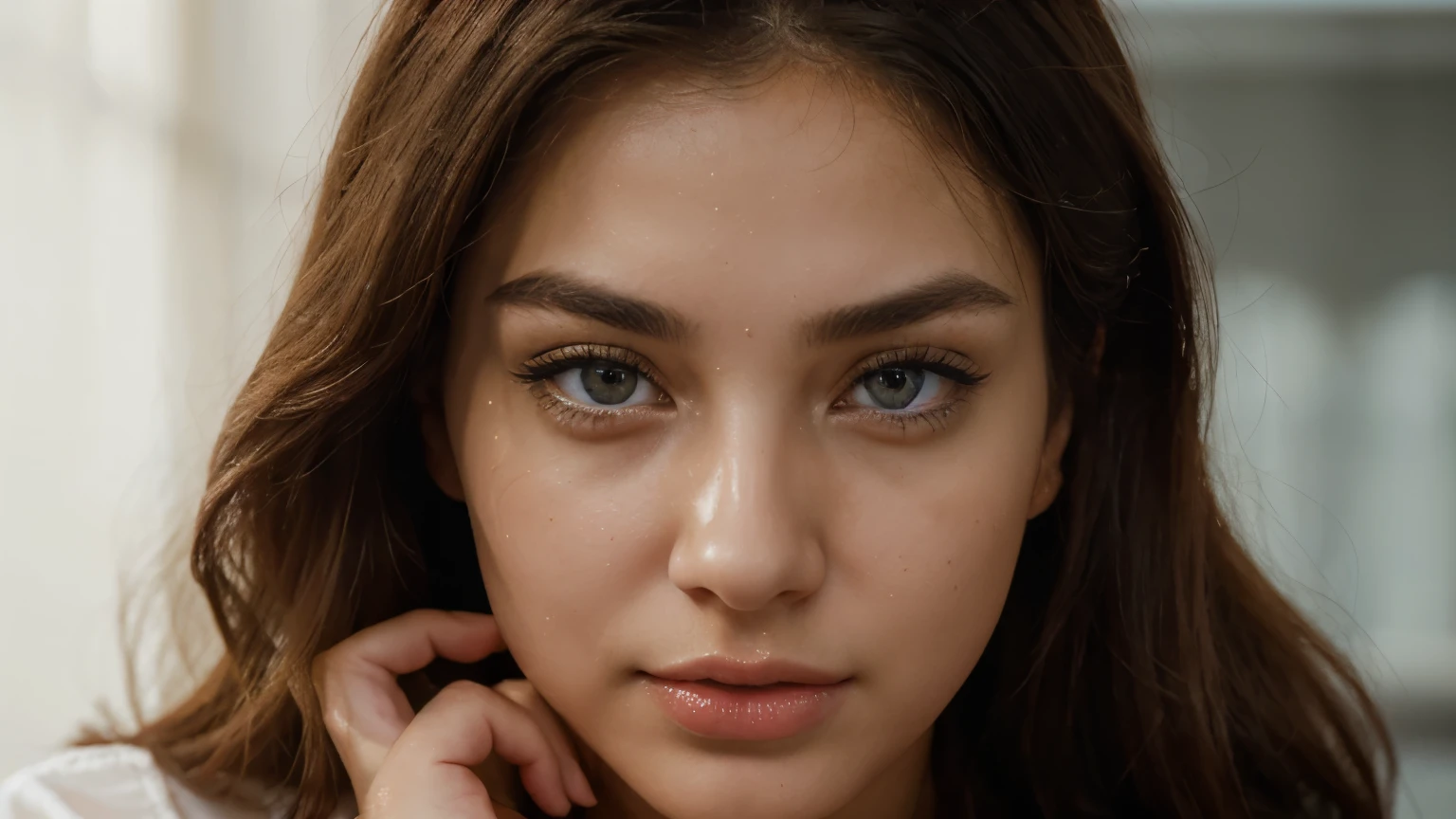 (Best quality, Ultra-detailed, Golden ratio, Masterpiece:1.1), News agency setting, Bright lighting, Crisp and clear image, Beautiful girl with radiant features, (Expressive eyes:1.3), Captivating gaze, Delicate facial features, Red lips parted slightly in a confident manner, Professional attire, Blouse and pencil skirt, (Hands resting on the hips:0.8), News headlines in the background, Shallow depth of field, Focus on the girl's face, Clear skin texture, Glowing complexion, (Slight blush: 0.5), Realistic and vivid colors, ((iconic pose:1.1)), (Ph