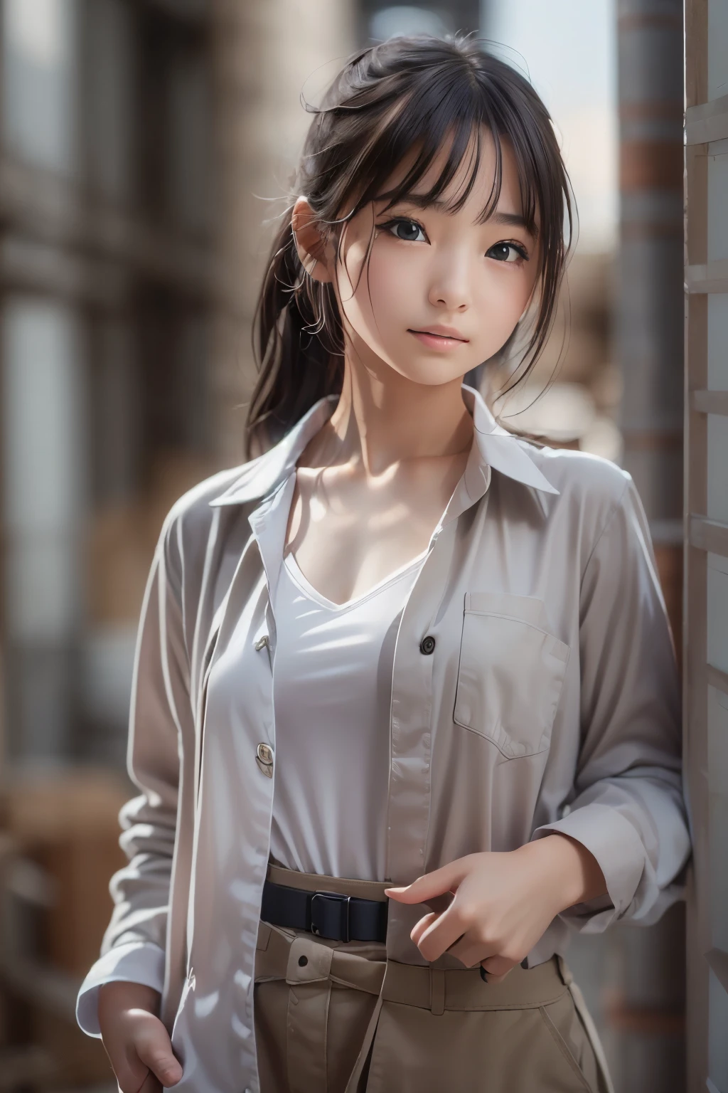 ((sfw: 1.4)),((detailed face, professional photography)), ((sfw, construction worker outfit, pulled back hair, 1 Girl)), Ultra High Resolution, (Realistic: 1.4), RAW Photo, Best Quality, (Photorealistic Stick), Focus, Soft Light, ((20 years old)), ((Japanese)), (( (young face))), (surface), (depth of field), masterpiece, (realistic), woman, bangs, ((1 girl))