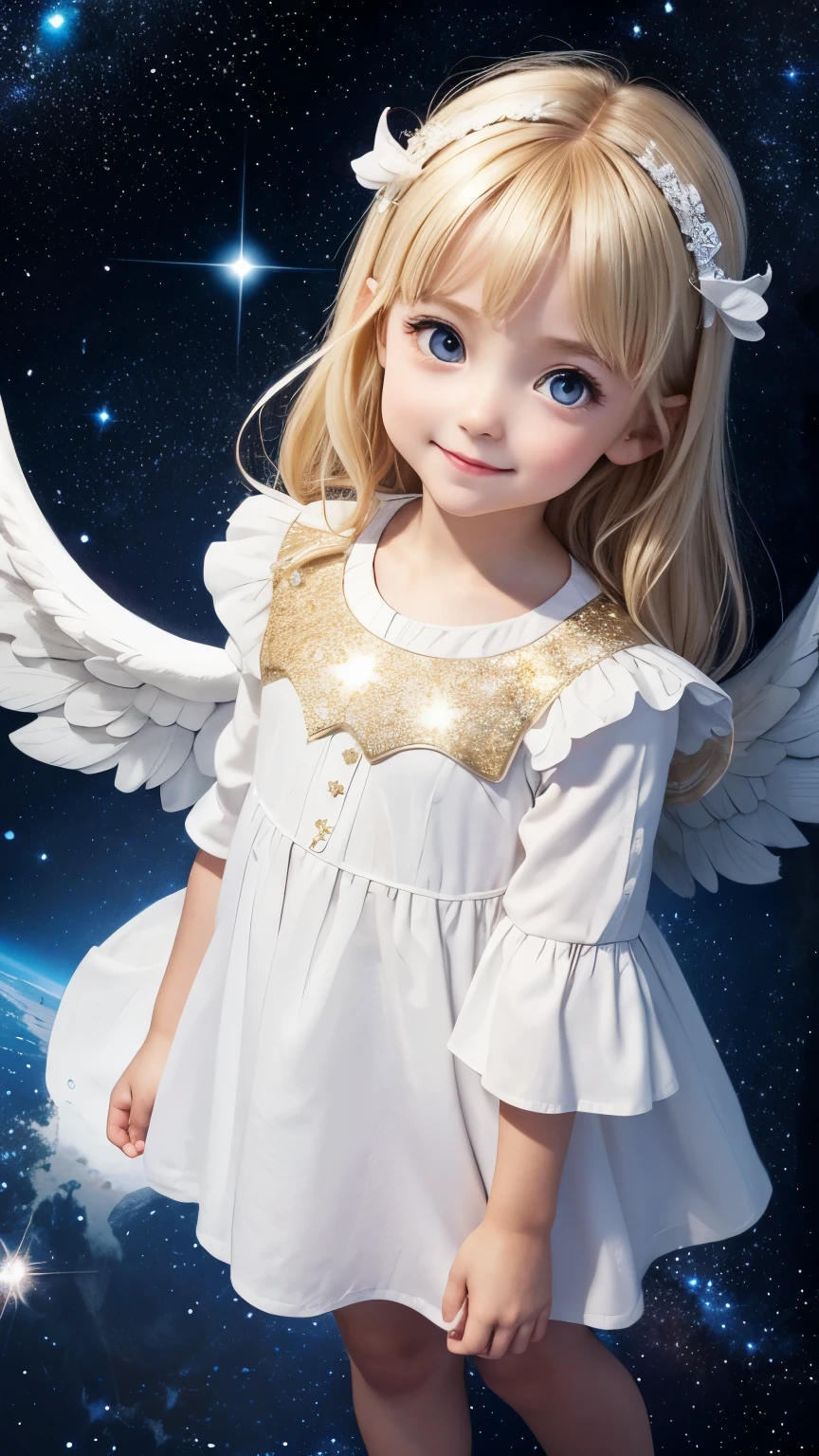 from front, looking straight at viewer, from above:1.2,   angel, gentle smile, big eyes, blonde, A neat dress with sleeves that hide the chest, Angel wings on the back, A cosmic background with many sparkling stars, Prayer-like pose, photorealistic