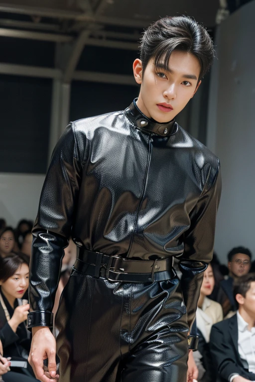 photo of a handsome (korean man), ((futuristic fashion show)), (Supermodel), runway, (smirk:0.7), coiffed hairstyle, (oily skin), (looking at viewer), fashion model posing, b0ndage, ((bondage strap outfit)), male focus, dynamic movement, (ultra realistic, masterpiece, hdr, intricate details, detailed background, depth of field), dynamic pose, dynamic angle
