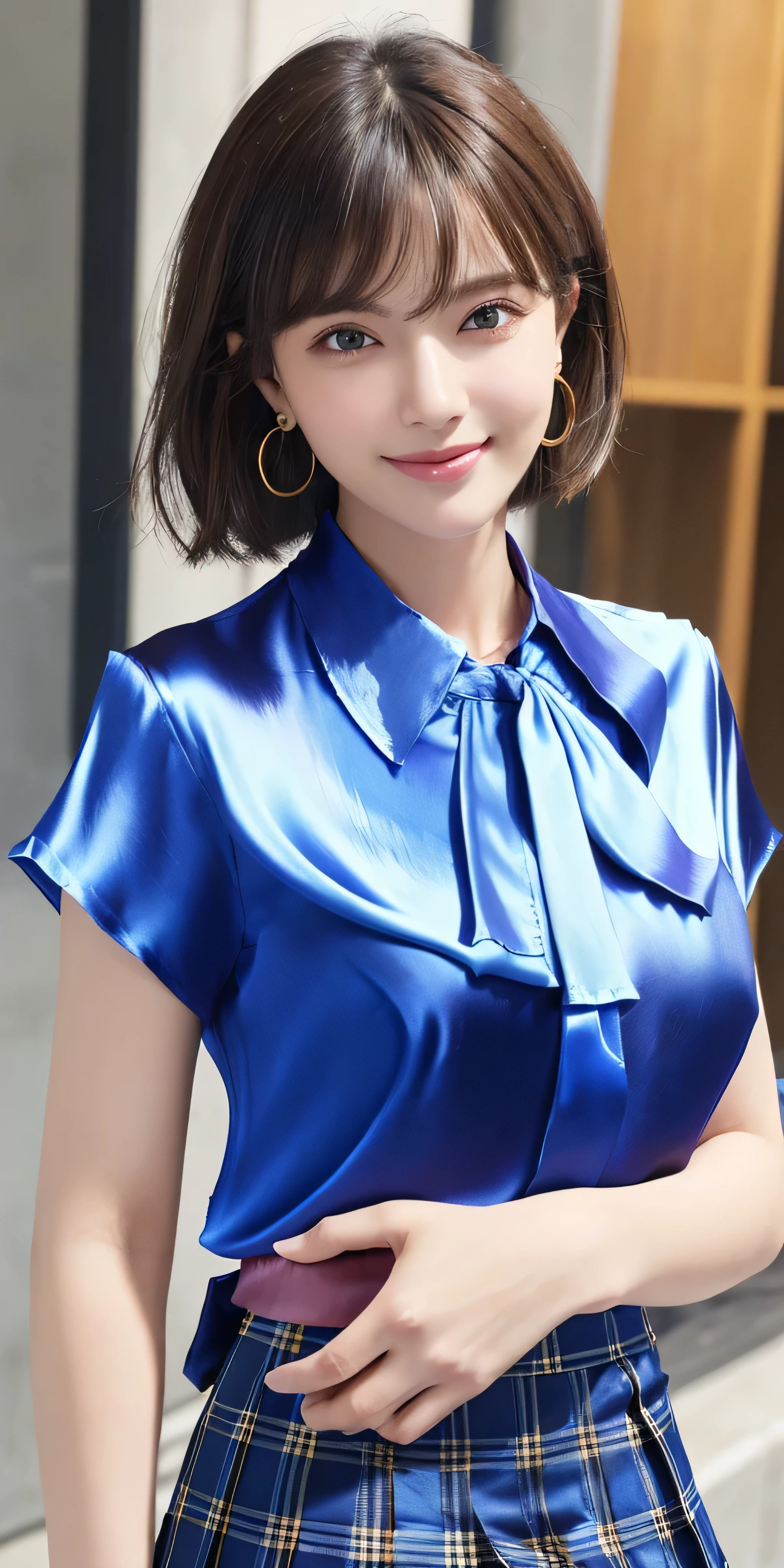 Photoreal、Masseter muscle part、highest quality、High resolution、Raw photo、realistic、bright lighting、face light、smooth professional lighting、japanese woman、Beautiful woman、modeled、gravure、sexy、super beautiful、realistic and beautiful skin、beautiful and detailed eyes、detailed face、slim、medium big breasts、short hair、brunette colored hair、brown eyes、looking at camera、Pose for a photo,((((blue Blouses and skirts, Wearing a silk blue blouse, wear a blue shirt and skirt:1.3)),))、((shy smile:1.3)),((gold necklace_Large earrings:1.2)),fullbody shot、((full figure supermodel standing, entire body in frame))