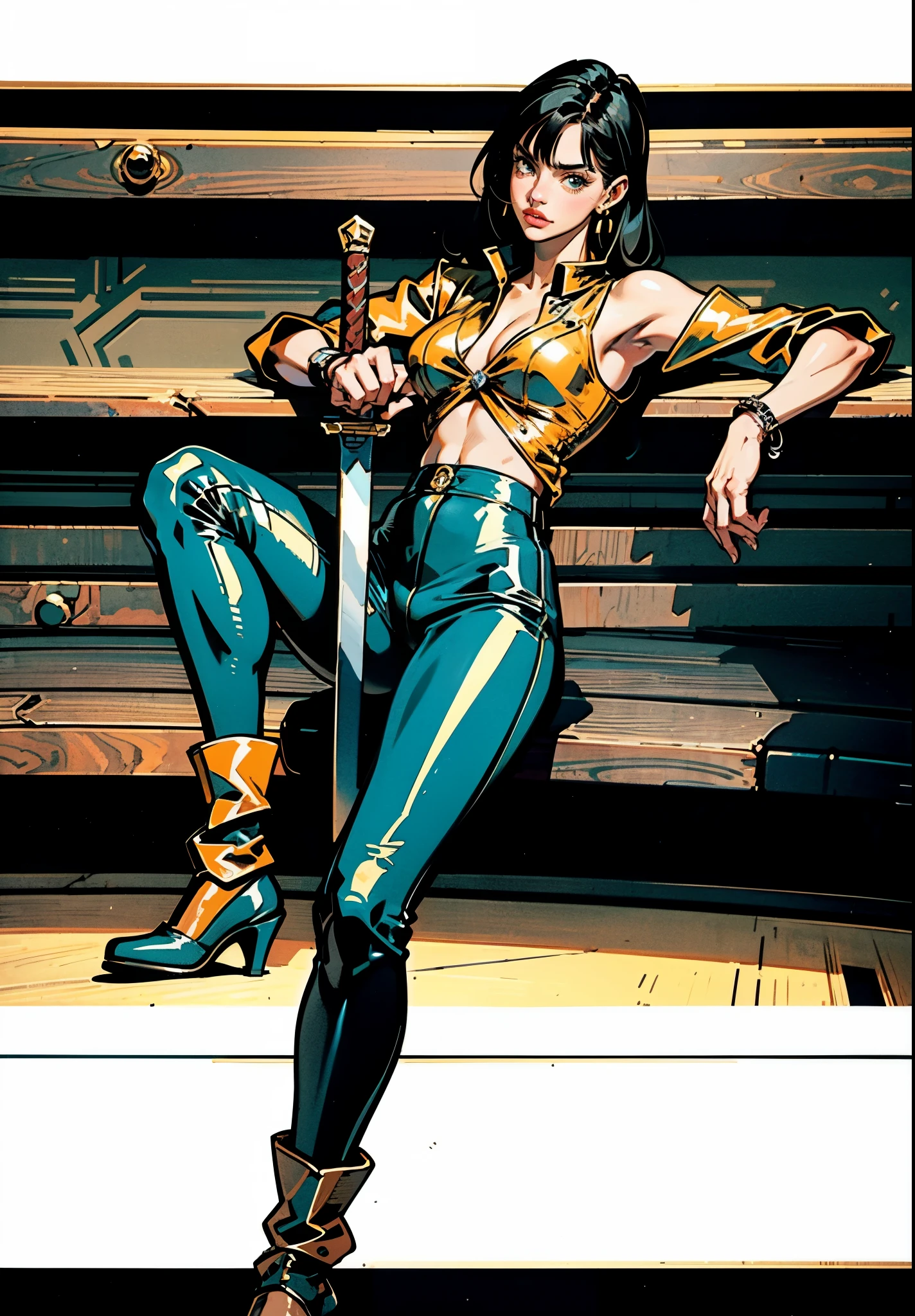A beautiful woman with long shiny black hair, choppy bangs, a delicate face, a cold proud gaze, a fit figure, a fantasy-style high-necked leather breastplate top, sleeveless, exposes her waist, a bracelet adorns her wrist, tight-fitting leather pants, her right hand holds a longsword with a blue scabbard, she lounges casually sitting, this character embodies a finely crafted fantasy-style bounty hunter in anime style, exquisite and mature manga art style, (Alexandra Daddario:1.2), high definition, best quality, highres, ultra-detailed, ultra-fine painting, extremely delicate, professional, anatomically correct, symmetrical face, extremely detailed eyes and face, high quality eyes, creativity, RAW photo, UHD, 32k, Natural light, cinematic lighting, masterpiece-anatomy-perfect, masterpiece:1.5