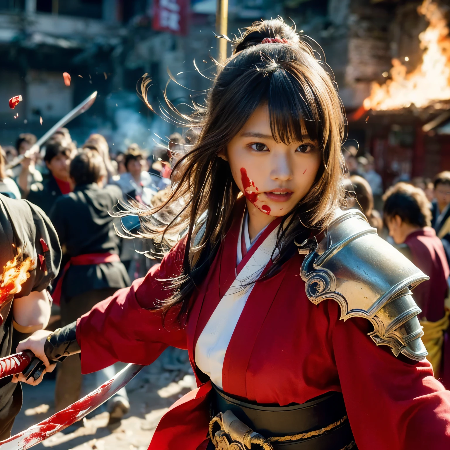 (((Realistic, masterpiece, best quality, crisp detail, high definition, high detail, rich detail, sharp focus, colorful, perfect studio lightning))), 20 years old assassin,((( in the middle of a war, kasumi arimura, severely wounded, attack stance, swinging katana))), wearing (((fully decorated golden armor, armored kimono, blood scattered face, blood tears, blood bath, blood shed))), (((fire everywhere, blood everywhere, death everywhere, japan bakumatsu period, dead bodies,carcass,burned japanese castle,hellish,chaos)) traditional village background)