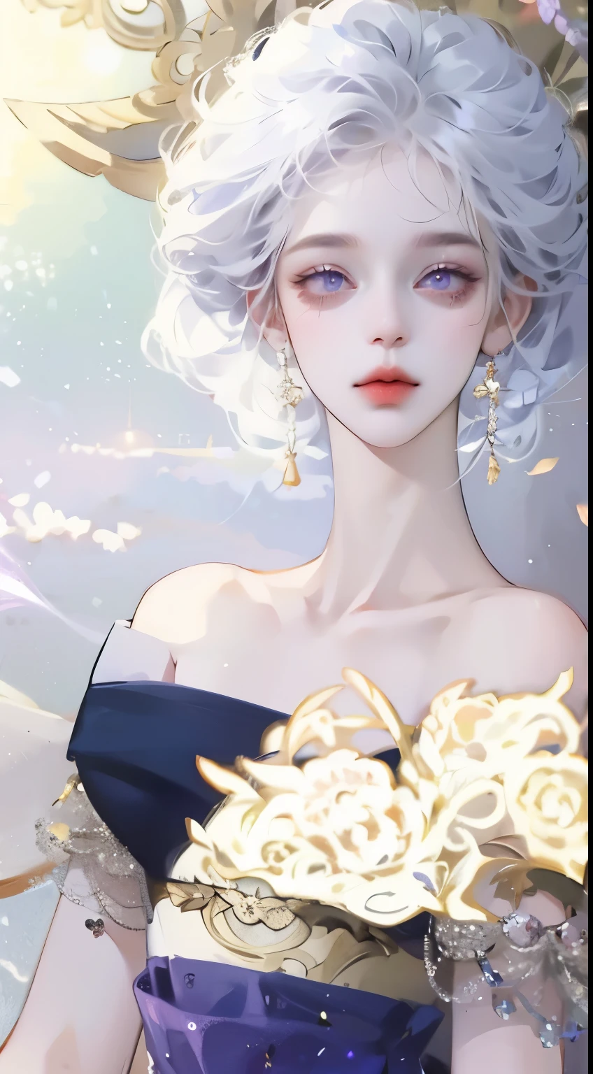 1 girl，high resolution，high quality，masterpiece，mxmkWhiteDress，bare shoulders，purple eyes，white dress，braid
