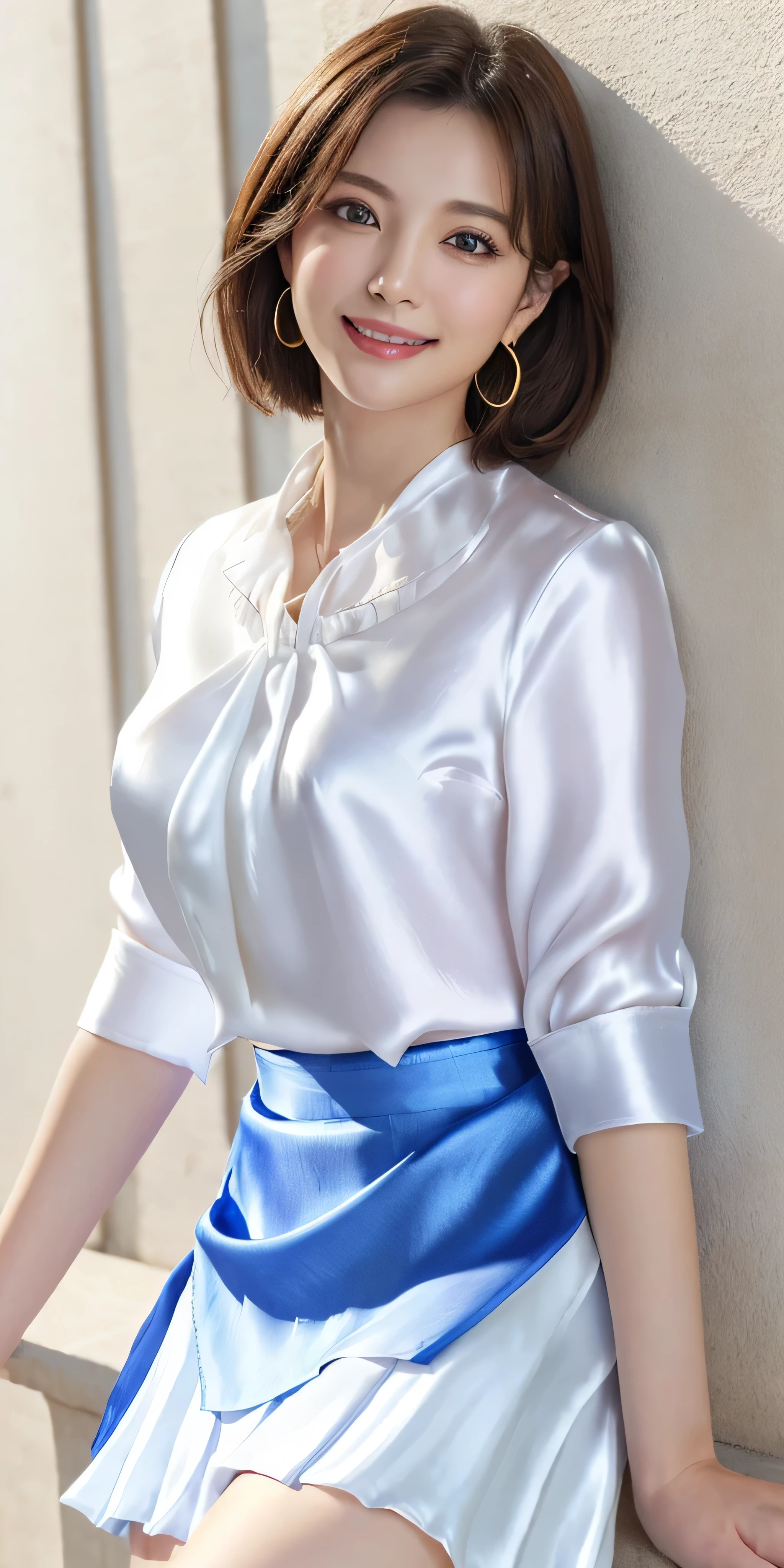 Photoreal、Masseter muscle part、highest quality、High resolution、Raw photo、realistic、bright lighting、face light、smooth professional lighting、japanese woman、Beautiful woman、modeled、gravure、sexy、super beautiful、realistic and beautiful skin、beautiful and detailed eyes、detailed face、slim、medium big breasts、short hair、brunette colored hair、brown eyes、looking at camera、Pose for a photo,(((( white Blouses and blue skirts, Wearing a silk white blouse, wear a shirt and blue skirt:1.3)),))、((shy smile:1.3)),((gold necklace_Large earrings:1.2)),fullbody shot、((full figure supermodel standing, entire body in frame))