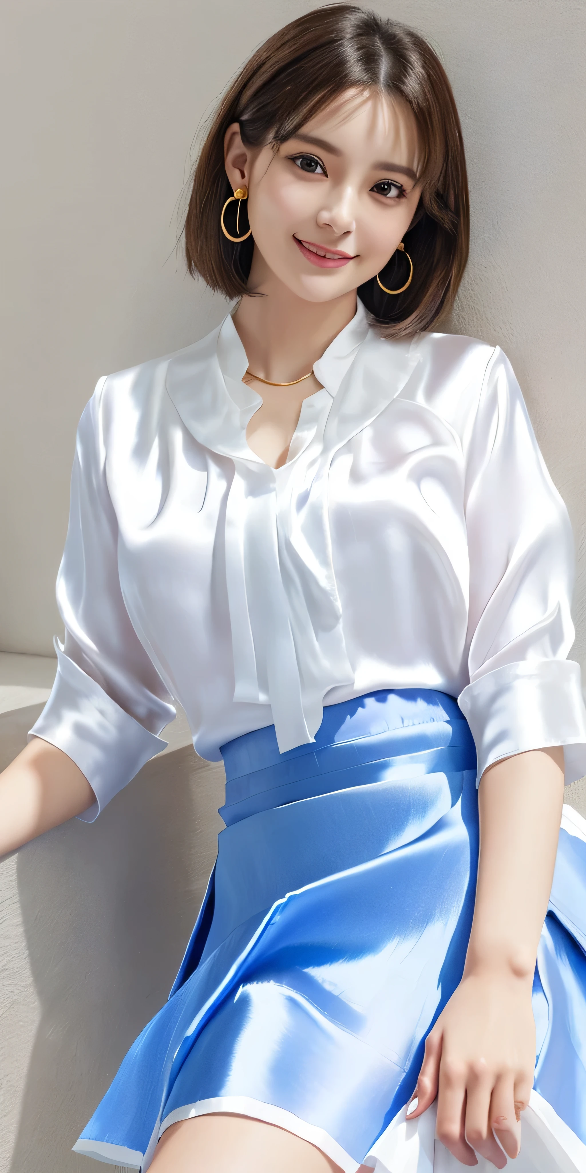 Photoreal、Masseter muscle part、highest quality、High resolution、Raw photo、realistic、bright lighting、face light、smooth professional lighting、japanese woman、Beautiful woman、modeled、gravure、sexy、super beautiful、realistic and beautiful skin、beautiful and detailed eyes、detailed face、slim、medium big breasts、short hair、brunette colored hair、brown eyes、looking at camera、Pose for a photo,(((( white Blouses and blue skirts, Wearing a silk white blouse, wear a shirt and blue skirt:1.3)),))、((shy smile:1.3)),((gold necklace_Large earrings:1.2)),fullbody shot、((full figure supermodel standing, entire body in frame))