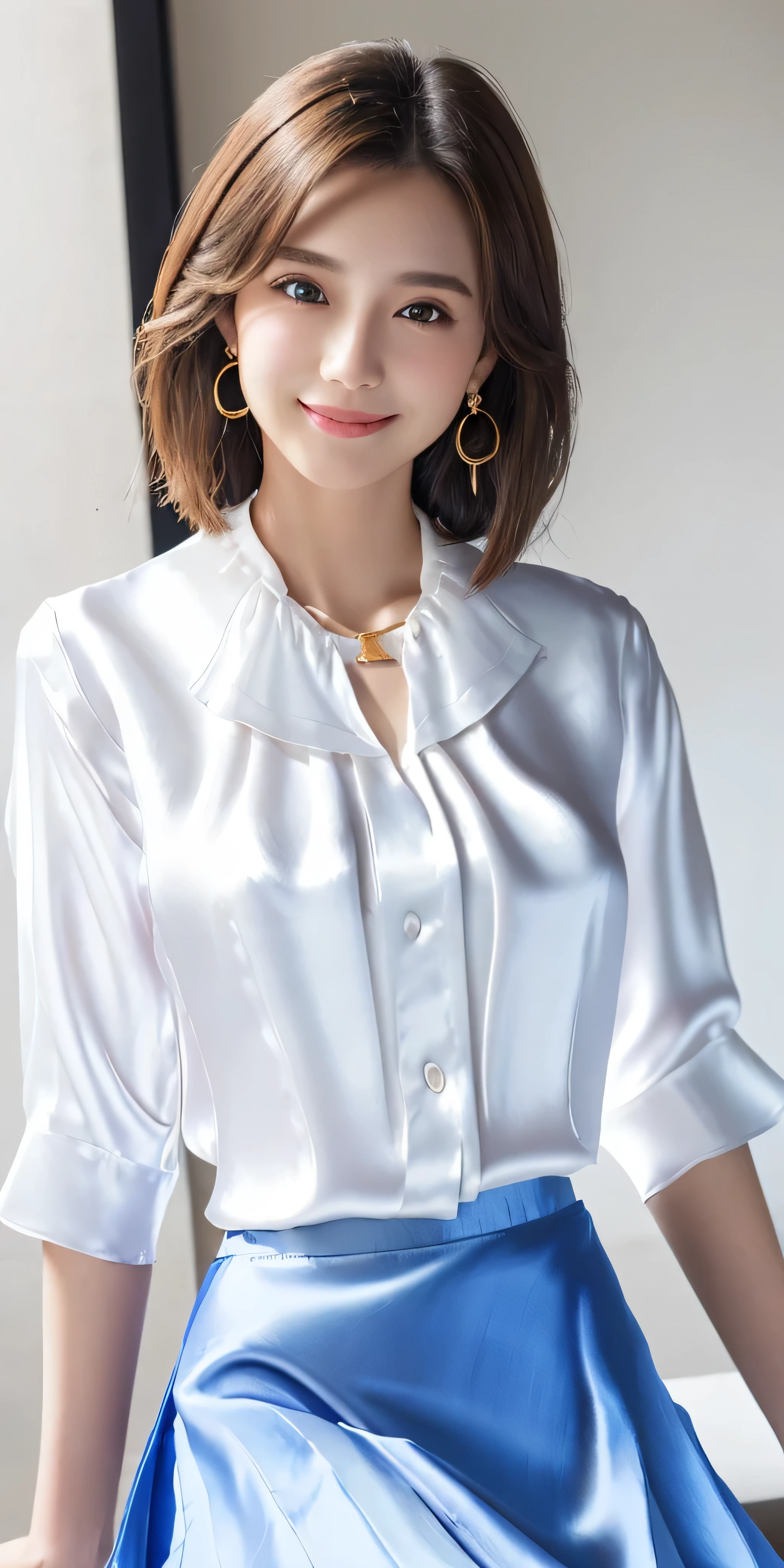 Photoreal、Masseter muscle part、highest quality、High resolution、Raw photo、realistic、bright lighting、face light、smooth professional lighting、japanese woman、Beautiful woman、modeled、gravure、sexy、super beautiful、realistic and beautiful skin、beautiful and detailed eyes、detailed face、slim、medium big breasts、short hair、brunette colored hair、brown eyes、looking at camera、Pose for a photo,(((( white Blouses and blue skirts, Wearing a silk white blouse, wear a shirt and blue skirt:1.3)),))、((shy smile:1.3)),((gold necklace＿Large earrings:1.2)),fullbody shot、((full figure supermodel standing, entire body in frame))