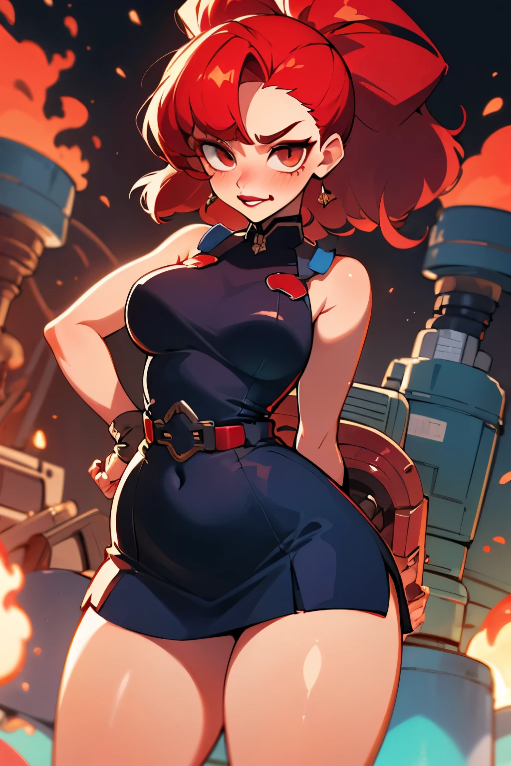 Navy blue work style dress, older sister, long explosive red hair, eye shadow, red lipstick, checking the gas meter, short skirt, plump, waist, tight clothes, blushing, embarrassed, facing towards me, hands behind her back,