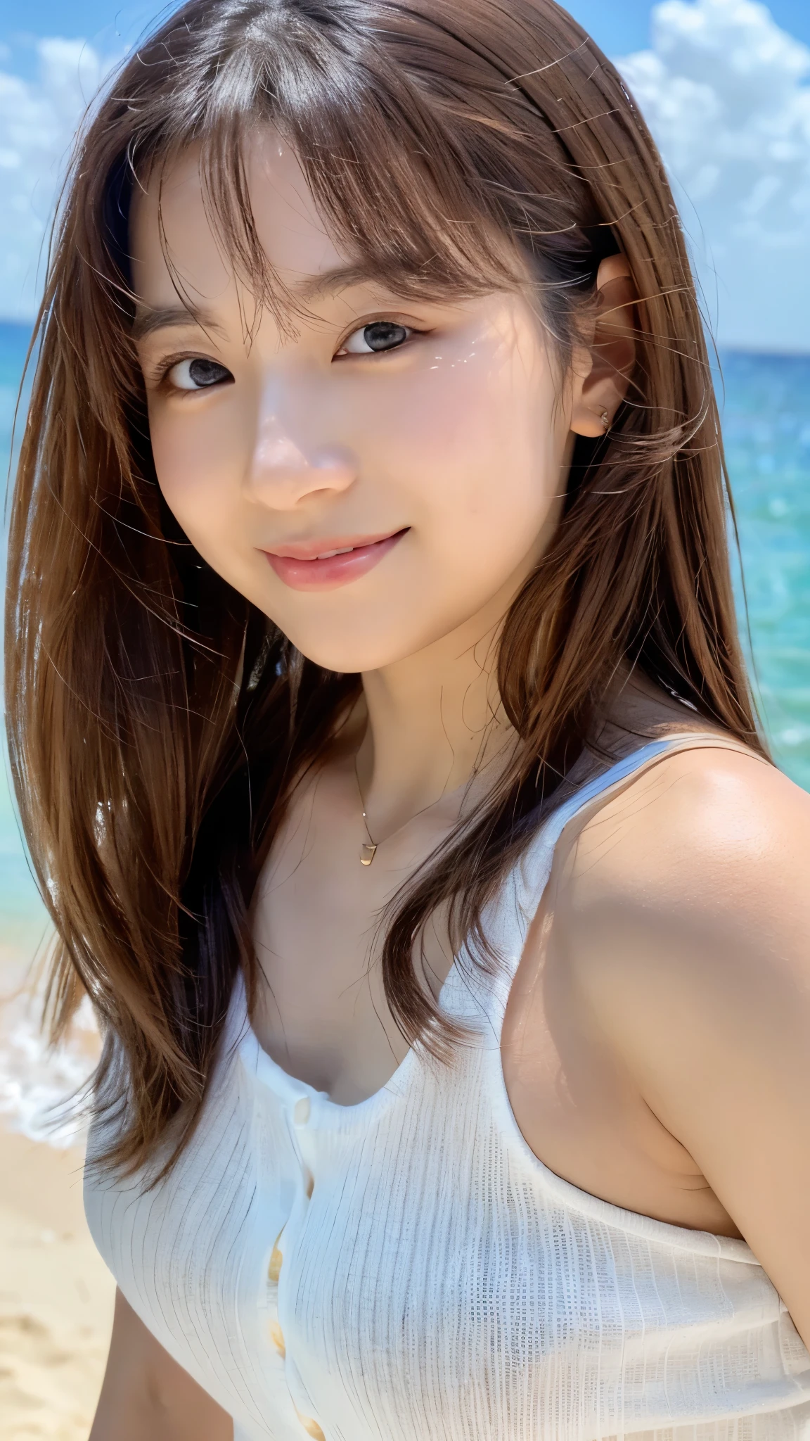 table top、(highest quality、4k、8k、High resolution、master piece: 1.2)、Super detailed、(real、photorealistic、photorealistic: 1.37)、full body shot、Complex and beautiful eyes、woman、long hair、natural color lip、whiteTshirt、bold and sexy pose、smile、Ocean、20 year old girl、Cute and sexy shot looking at the camera。