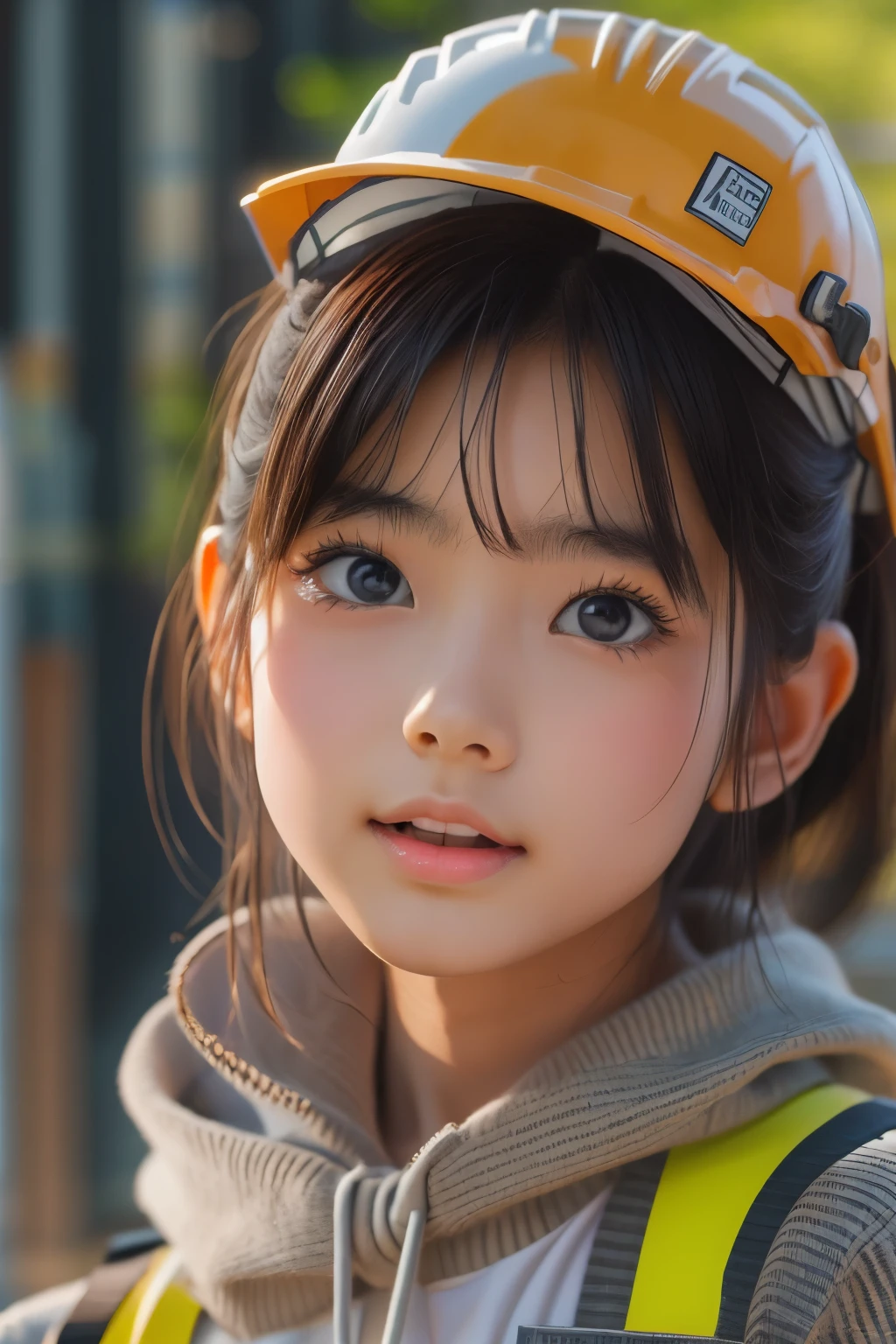 ((sfw: 1.4)),((detailed face, professional photography)), ((sfw, construction worker outfit, pulled back hair, 1 Girl)), Ultra High Resolution, (Realistic: 1.4), RAW Photo, Best Quality, (Photorealistic Stick), Focus, Soft Light, ((20 years old)), ((Japanese)), (( (young face))), (surface), (depth of field), masterpiece, (realistic), woman, bangs, ((1 girl))