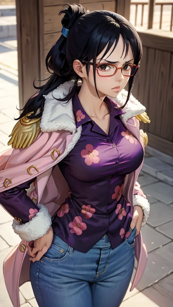 masterpiece, best quality, tashigi, black eyes, folded ponytail, eyewear , coat on shoulders, purple shirt, blue pants, cowboy shot, looking at viewer, hands on hips, large breasts, from above, serious, village 