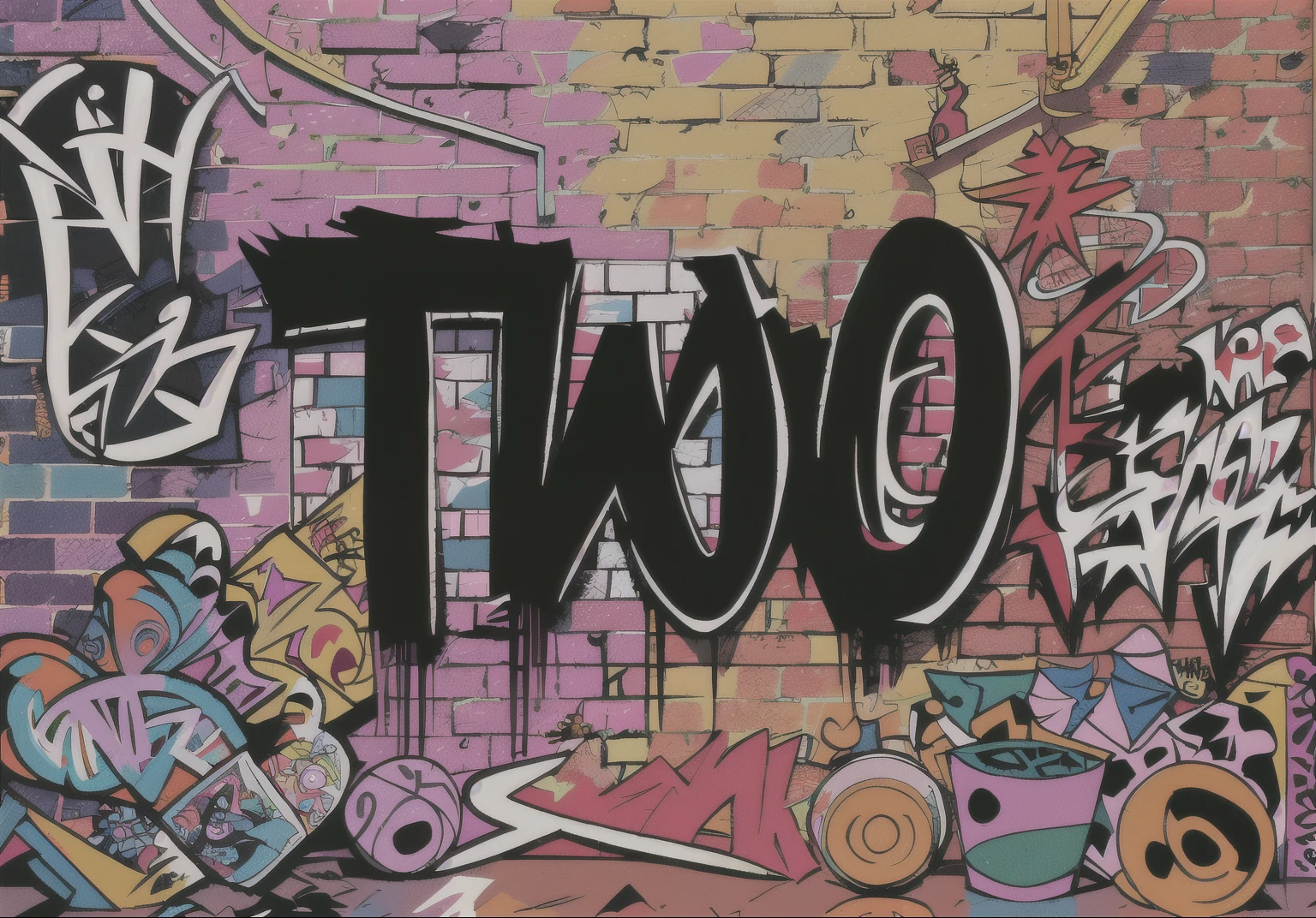Graffiti art on brick wall,Comes with a pair of sneakers and a gesture, two hang, official artwork, two, promotional artwork, Graffiti background, album art cover, twice, two tone, Hip hop album cover, hip - hop album art cover, Lovely:2, two colors, graffiti style, graffiti inspiration, propaganda art, Graffiti art style