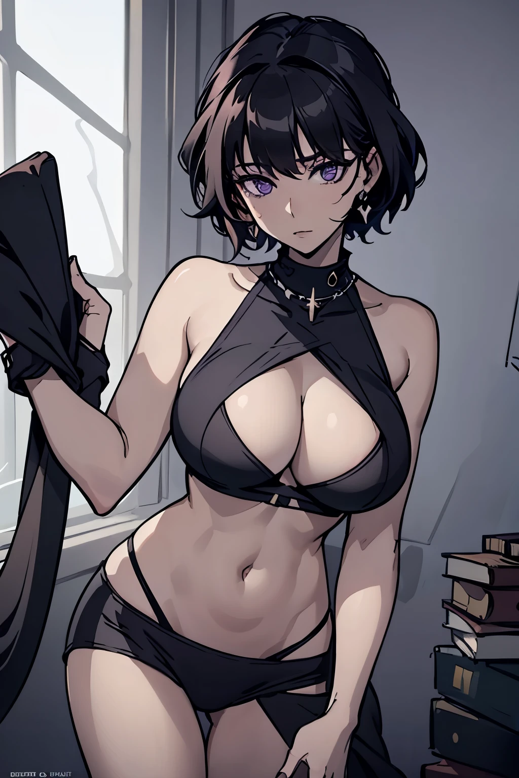 (Ultra Real), (Illustration), (High Resolution), (8K), (Very Detailed), (Best Illustration), (Beautiful Detailed Eyes), (Best Quality), (Ultra Detailed), (Masterpiece) very big breasts, Bare shoulders attractive legs, (busty), (perky) (huge ass) (bubble butt) human_feet, messy hair, black hair, (purple eyes:1.1), barefoot, bare shoulders, RaidenGenshin_NDV, 1girl, mole under eye, virgin killer sweater, short hair, black sweater, catlike puples