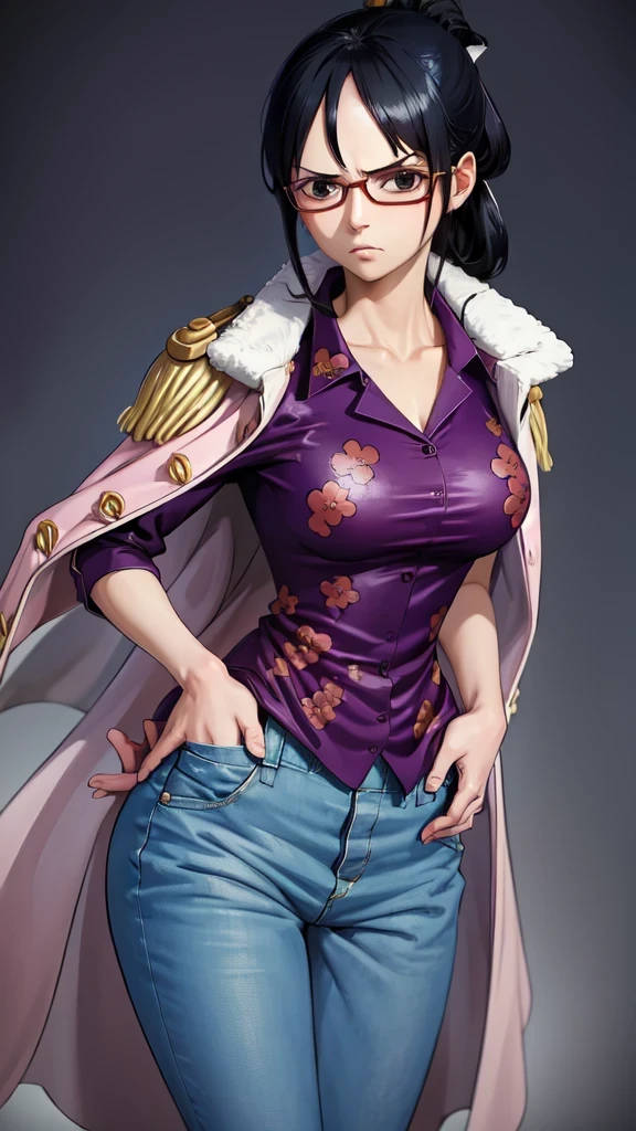 masterpiece, best quality, tashigi, black eyes, folded ponytail, eyewear , coat on shoulders, purple shirt, blue pants, cowboy shot, looking at viewer, hands on hips, large breasts, from above, serious, village 