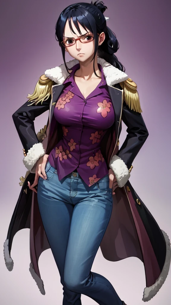 masterpiece, best quality, tashigi, black eyes, folded ponytail, eyewear , coat on shoulders, purple shirt, blue pants, cowboy shot, looking at viewer, hands on hips, large breasts, from above, serious, village 