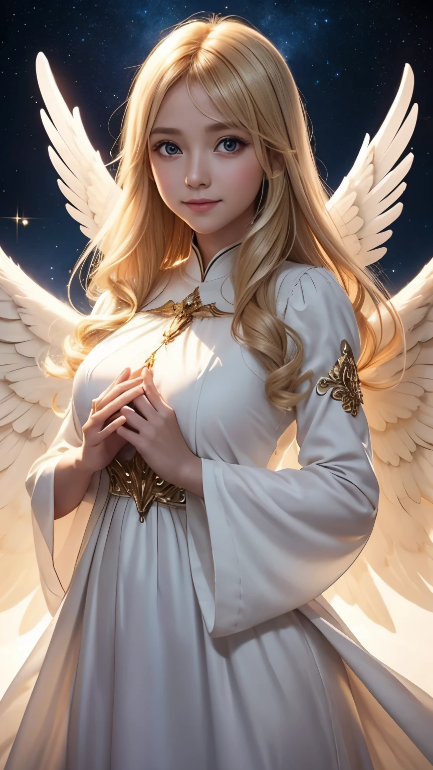 from front, looking at viewer, from above:1.2, cute baby angel, smile, big eyes, blonde, small breasts, A neat god with sleeves that hide his chest々Dresses, A dazzling light from behind, Angel wings on the back, Glowing space background, Prayer-like pose, Super realistic