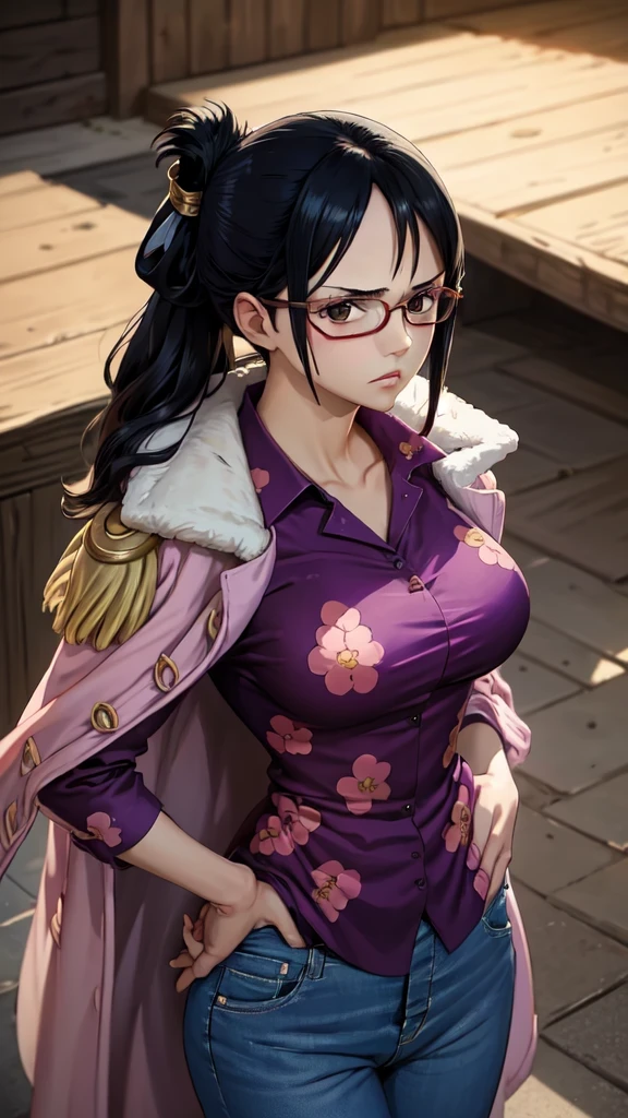 masterpiece, best quality, tashigi, black eyes, folded ponytail, eyewear , coat on shoulders, purple shirt, blue pants, cowboy shot, looking at viewer, hands on hips, large breasts, from above, serious, village