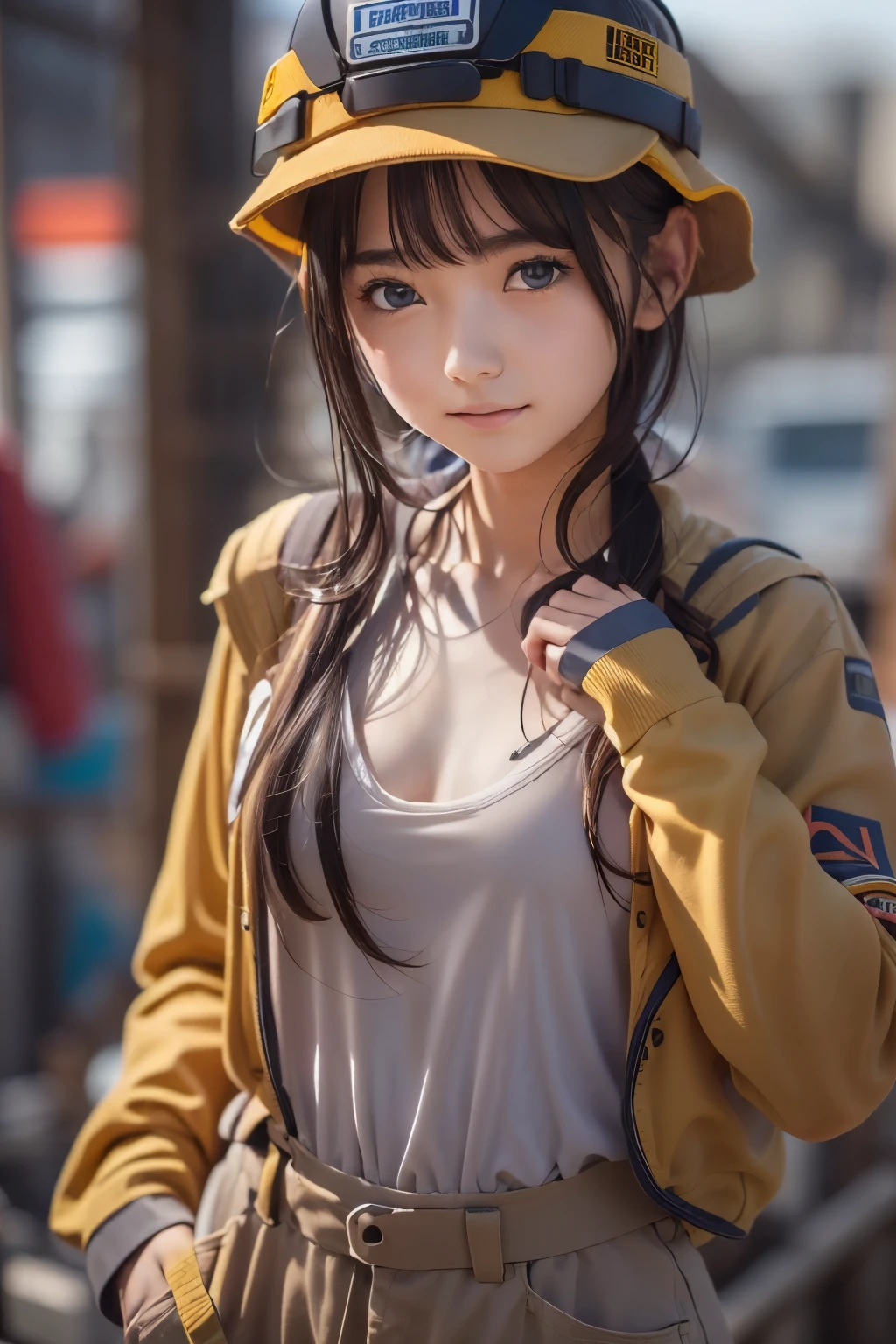 ((sfw: 1.4)),((detailed face, professional photography)), ((sfw, construction worker outfit, pulled back hair, 1 Girl)), Ultra High Resolution, (Realistic: 1.4), RAW Photo, Best Quality, (Photorealistic Stick), Focus, Soft Light, ((20 years old)), ((Japanese)), (( (young face))), (surface), (depth of field), masterpiece, (realistic), woman, bangs, ((1 girl))