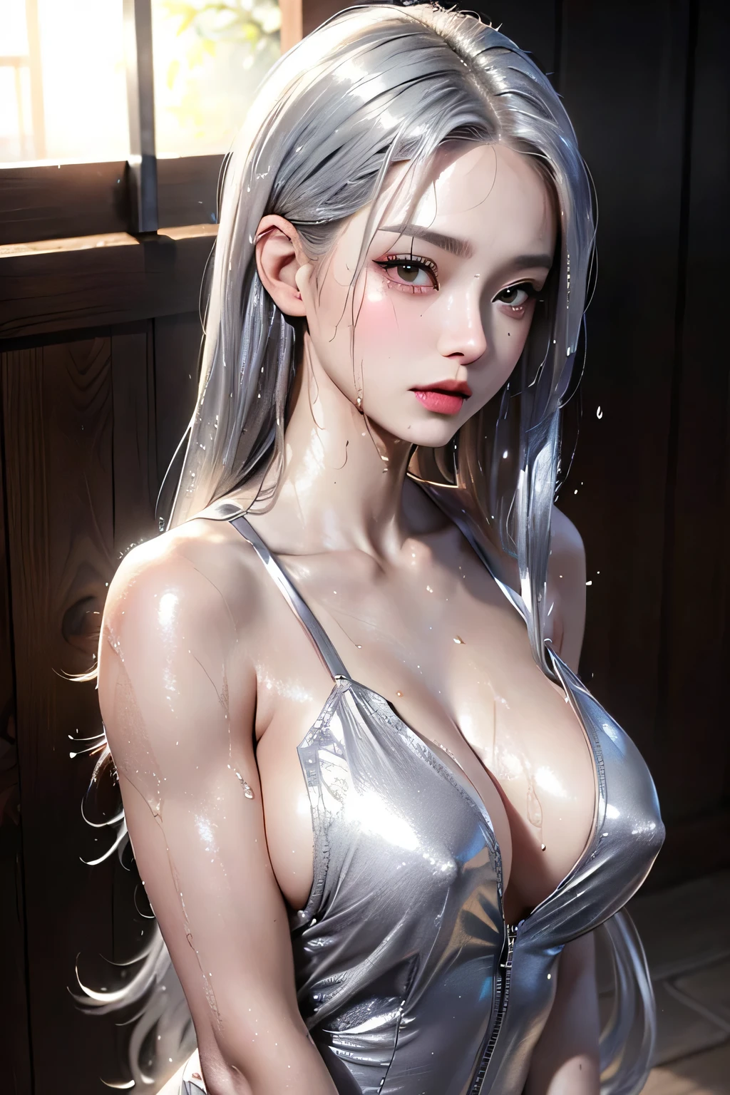 (((NSFW1.5)))，(Masseter muscle part:1.3)、(8K、Photoreal、RAW photo、highest quality: 1.4)、(1 adult female)、beautiful expression、(lifelike face)、sharp brown eyes, supermodel face、(Wet silver hair、long hair:1.6)、beautiful hairstyle、realistic eyes、beautiful details、（real looking skin）、beautiful skin、（white dress shirt：1.6）、absurd、attractive、超A high resolution、surreal、high detail、golden ratio