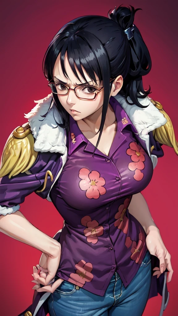 masterpiece, best quality, tashigi, black eyes, folded ponytail, eyewear , coat on shoulders, purple shirt, blue pants, cowboy shot, looking at viewer, hands on hips, large breasts, from above, serious, village