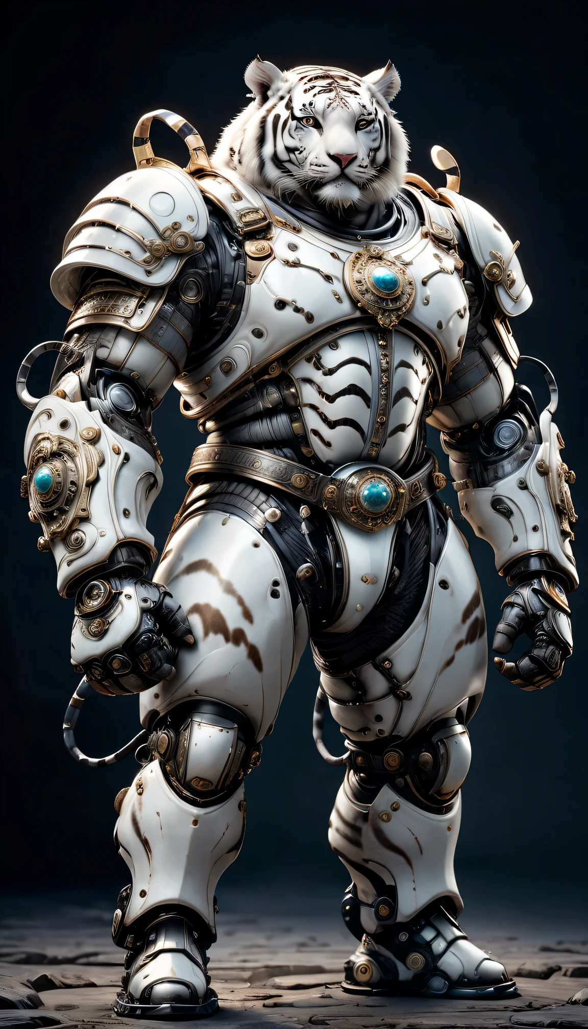 photorealistic portrait of Dressed animals - a ((fat)) white tiger warrior,(brave pose), high quality,(lovely) ,intricate detailed giant mechanical arms, highly detailed ((mechanical armor) ,,highly detailed decorations, , (brave), studio lighting,(full body image from head to toe:1.5)