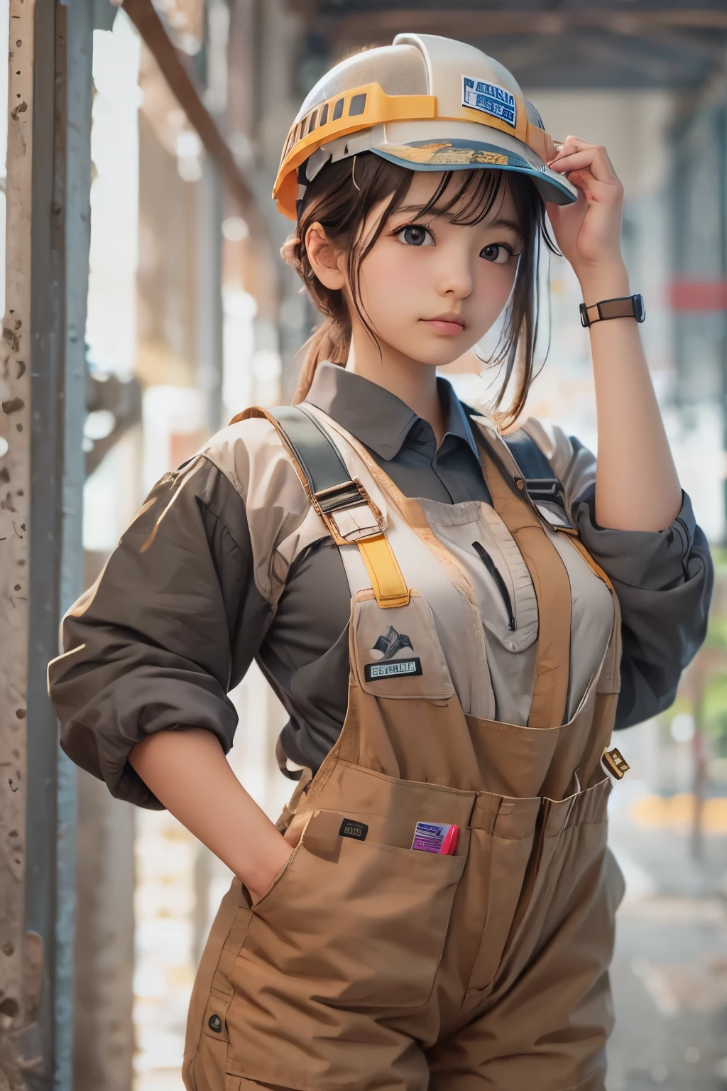 ((sfw: 1.4)),((detailed face, professional photography)), ((sfw, construction worker outfit, pulled back hair, 1 Girl)), Ultra High Resolution, (Realistic: 1.4), RAW Photo, Best Quality, (Photorealistic Stick), Focus, Soft Light, ((20 years old)), ((Japanese)), (( (young face))), (surface), (depth of field), masterpiece, (realistic), woman, bangs, ((1 girl))