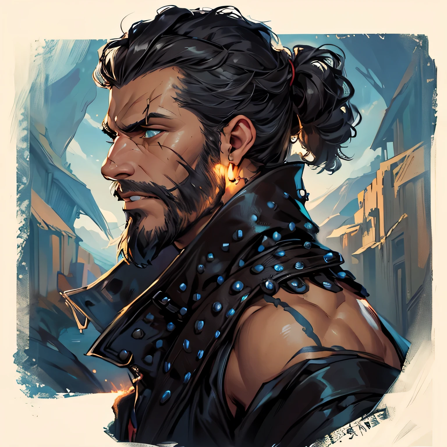 a drawing of a man with a beard and a leather jacket, inspired by Rajmund Kanelba, detailed character portrait, character art portrait, portrait of a dnd character, character design portrait, a portrait of the character, a character portrait, portrait of fin wildcloak, inspired by Sidney Richard Percy, dnd portrait, as a d & d character, dnd character art portrait, Describe an imposing and muscular pirate who is known for his strength and ferocity. He sports a huge skull hat adorned with sinister details that highlight his piercing eyes. Its most notable feature is the steel anchor it carries on its back, as a symbol of their determination and connection to the sea. Suas tatuagens marinhas, that tell stories of past adventures and battles, are visible on his heavily muscled arms. He is feared and respected by the entire crew, and his presence is the embodiment of the essence of pirate life. Descreva-o em detalhes, incluindo sua vestimenta, his scars and the look in his eyes that reveals his relentless search for lost treasures and thrilling adventures.