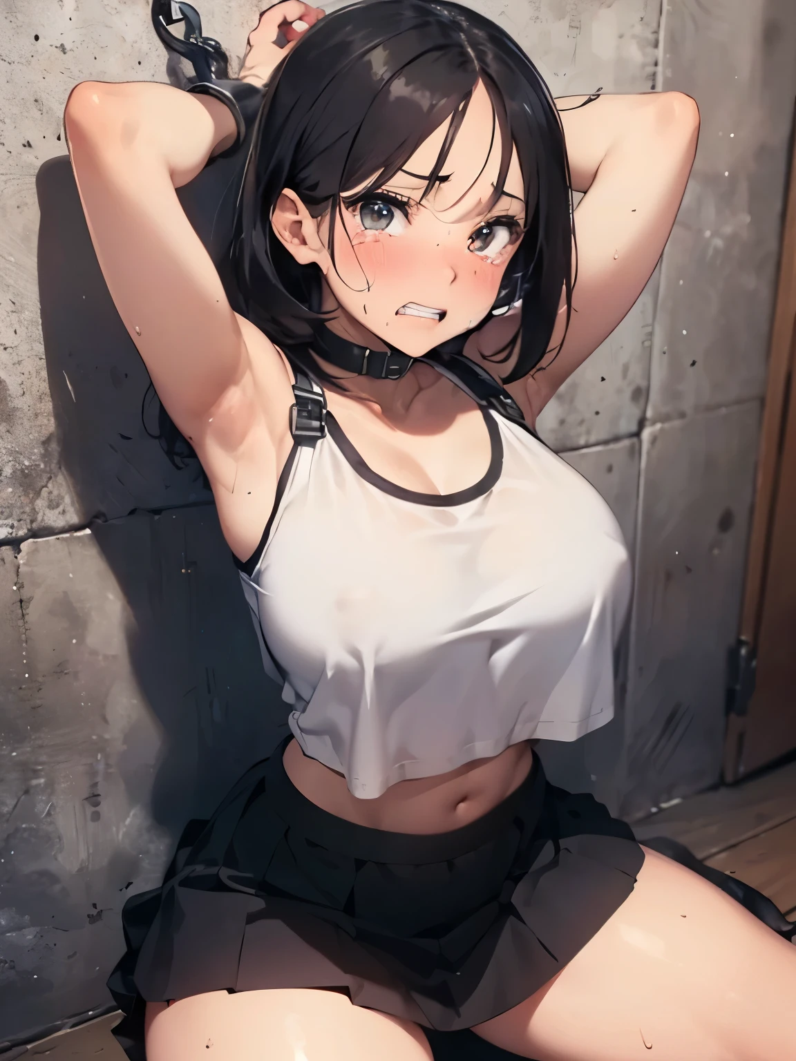 (best quality: 1.2), (masterpiece, best quality, ultra high res, 8k, perfect anatomy, extremely detailed), (extremely detailed CG unity), (1lady), solo, (abs:0.6),(27 years old:1.5),(black eyes),(dark brown hair), (bob cut), (medium breasts),(Navel exposed:1.3),full-face blush,face is turning red, (thick thighs:1.3),((collarbone)),(muscular shoulder:1.0),(tank top:1.2), BREAK (above-the-knee skirt :1.2),(clowl, clenched teeth ,tears:1.3),(huge areola),(erection of nipple:1.4),(ecstasy:1.3),(Forehead:1.4), impossible clothe,dynamic angle,(thick lips:1.2), (sweat:1.2),dynamic angle,(binded handcuffs:1.5),(arms up behind head),torture room, sitting,against wall,(spread legs:1.2), (torn clothes:1.2),pussy