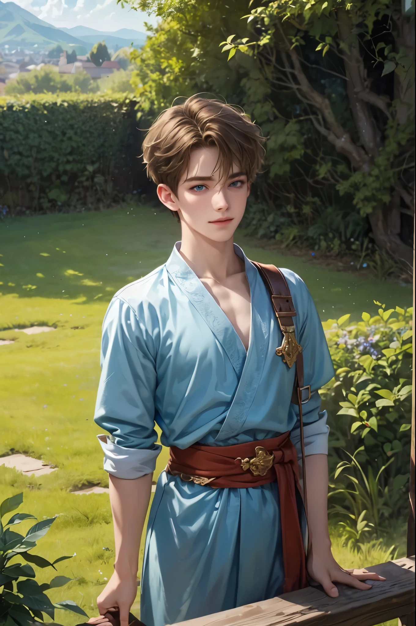 Best image quality, 4k, masterpiece, age male, white and tender skin, blonde floppy short hair, blue eyes, green and slightly mature, cute and soft, young, godly eyes, exquisite hair, look at the lens, face focus, smile, delicate facial features, front lighting, front light source, portraiture, face magnification, face close-up, above the shoulder, cute feeling, excellent posture to capture the sight, portrait painting effect, blue sky and white clouds, roses
