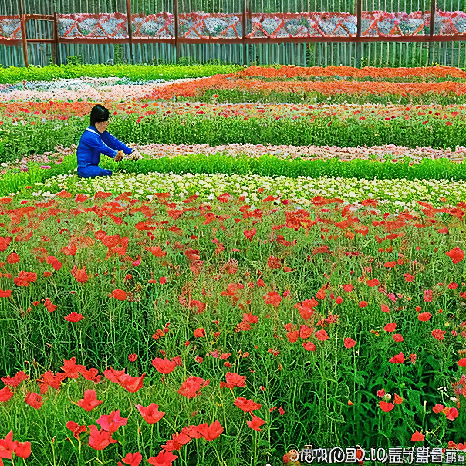 (There are no photos of people), spring,Life Resuscitation,flower field,low fence,flower field种植,Simple and elegant,The background is spring,blueprint,Baiyun