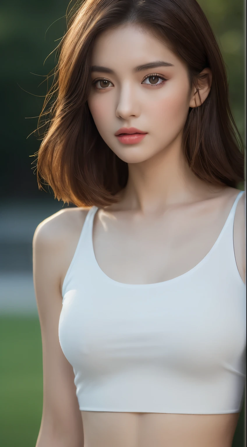 ((Realistic lighting, Best quality, 8K, Masterpiece: 1.3)), Clear focus: 1.2, 1girl, Perfect beauty: 1.4, Slim abs: 1.1, ((Dark brown hair)), (White crop top: 1.4), (Outdoor, Night: 1.1), Park view, Super fine face, Fine eyes, Double eyelids,