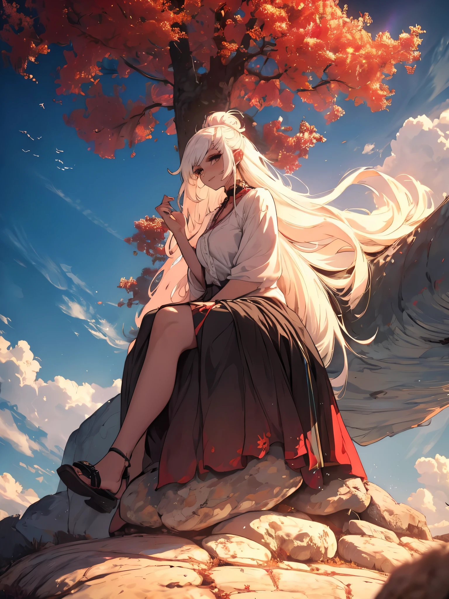 a girl, youkai girl, white hair, sideburns with ribbons, long sideburns, red lightining eyes, luminous earrings, devilish smile, white hair, (((sitting on a rock, cabelos em movimentos))), full body, naughty, decote, seios pequenos, {extremely detailed 16k CG unit wallpaper}, expansive landscape photography, (a low view with focus on the scenery), (wide view of open field), (shot in low angle), (high light: 1.2), (low light: 1.2), (warm light source: 1.2), complex details, (iridescent colors: 1.5), (bright lighting), (atmospheric lighting), dreamy, unique
