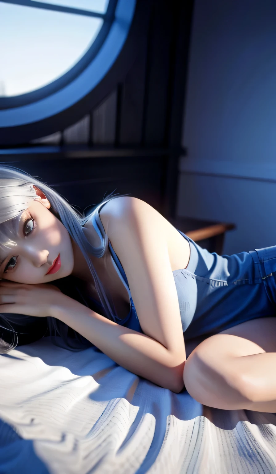 masterpiece，best quality，official art，Highest resolution，（detailed：1.6），sleeping girl，stunning appearance，Perfect body，lying flat on bed，look at sky，realistically，She wears denim shorts，Wear a clear tank top in a random color，breast enlargement，Silver hair，solo，3d，exquisite，Full body female love，Random shooting angle，Random pose