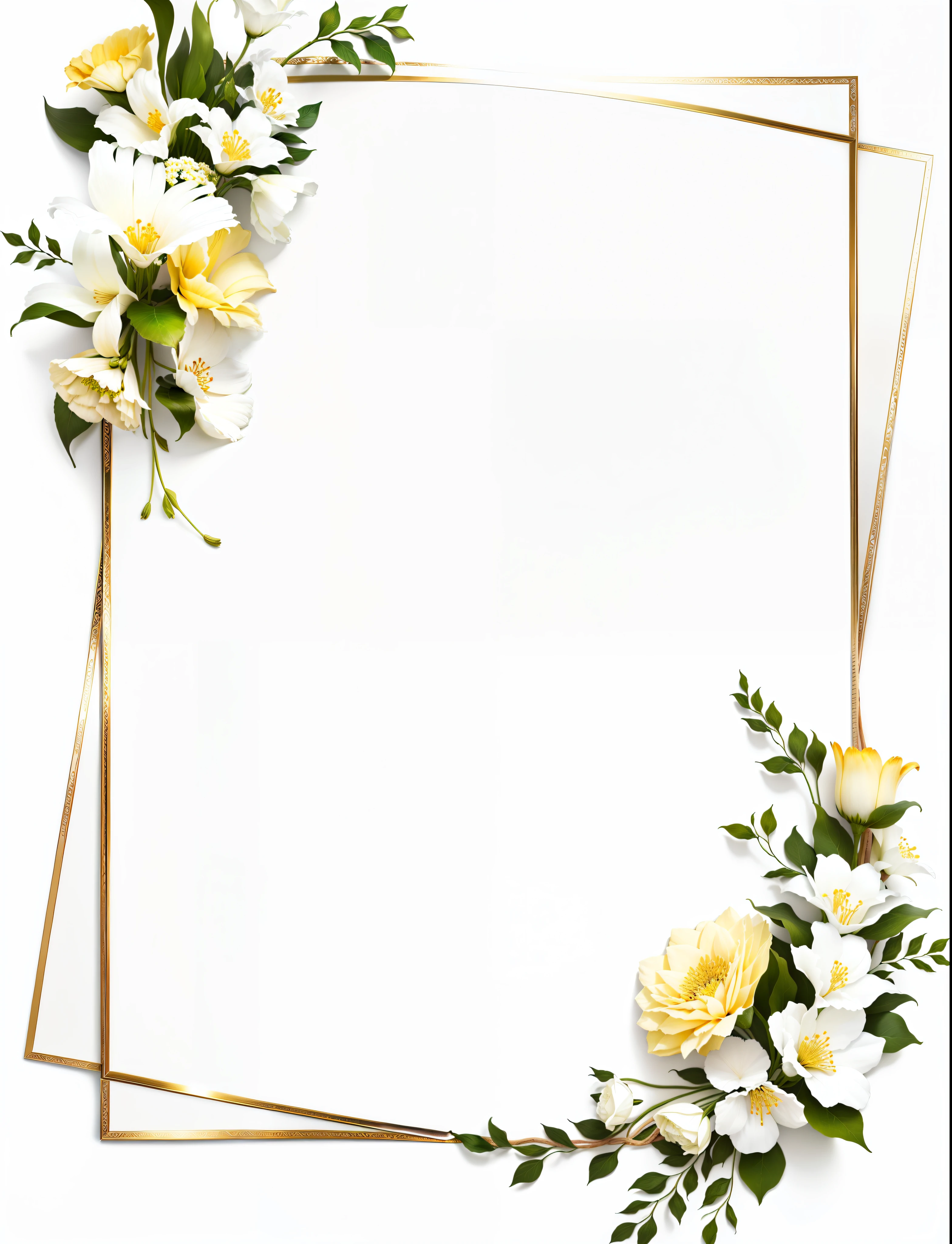 un marco de flores blancas con hojas y flores verdes, Gran borde blanco, borde blanco y fondo, Marco de la flor, borde blanco, Marco de borde blanco, borde de marco blanco, Hojas doradas en el borde del marco, bordes blancos, borde cuadrado, flores y oro, borde de contorno blanco, Borde decorativo, flores y follaje, Flores en el fondo, blanco bg, Botanical background, Marco alto y delgado