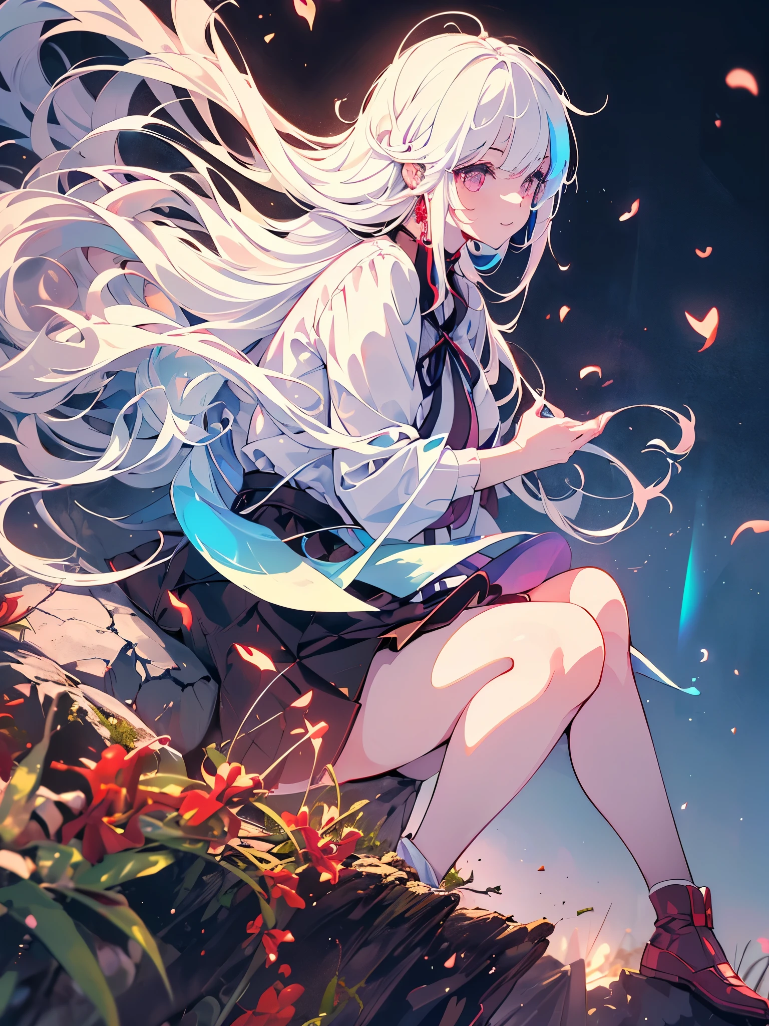 a girl, youkai girl, white hair, sideburns with ribbons, long sideburns, colorful eyes, luminous earrings, devilish smile, white hair, (((sitting on a rock, and winds blowing her hair and her clothes))), full body, naughty, decote, seios pequenos, {extremely detailed 16k CG unit wallpaper}, expansive landscape photography, (a low view with focus on the scenery), (wide view of open field), (shot in low angle), (high light: 1.2), (low light: 1.2), (warm light source: 1.2), complex details, (iridescent colors: 1.5), (bright lighting), (atmospheric lighting), dreamy, unique
