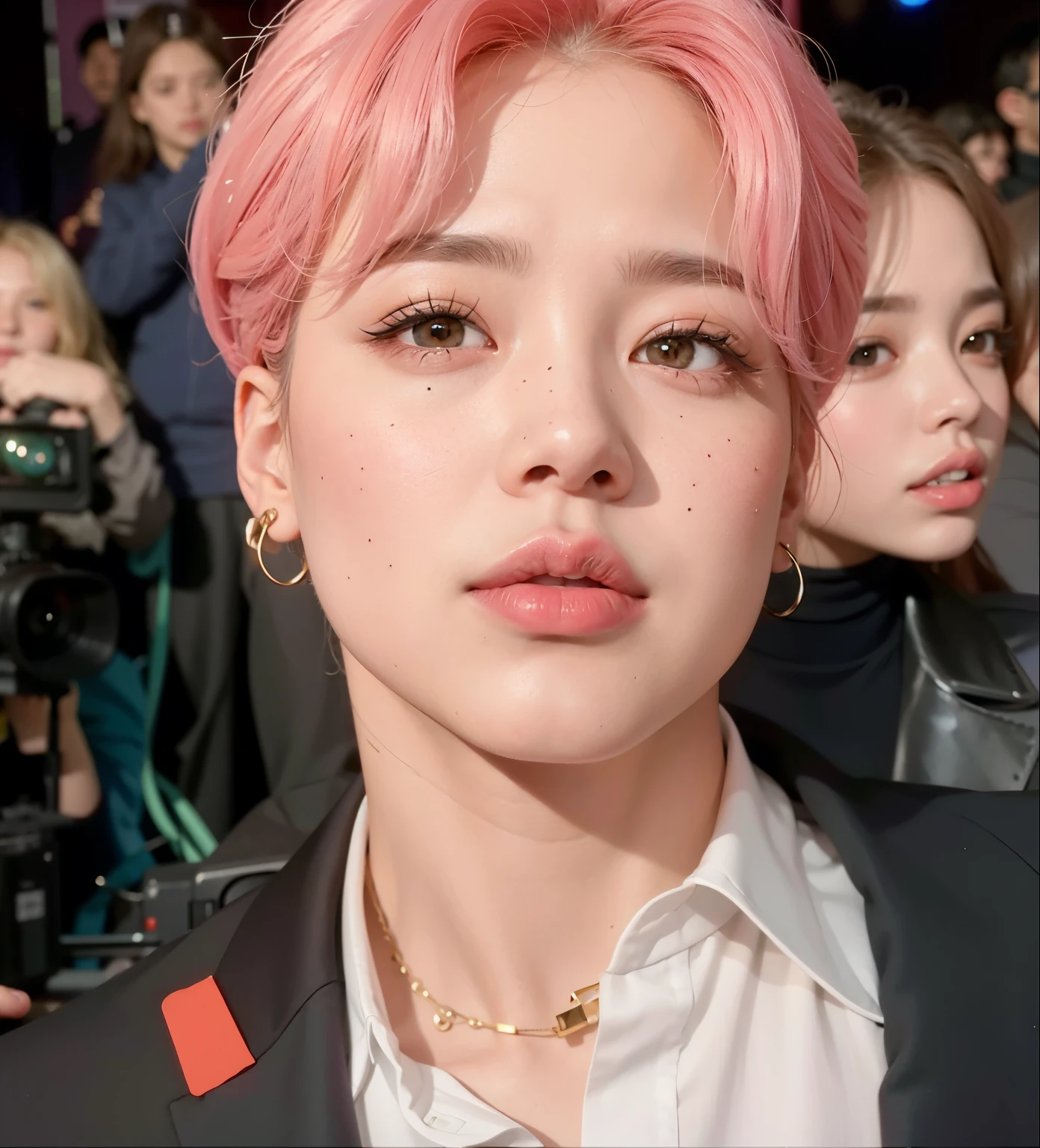 um close de uma pessoa com cabelo rosa e terno, Jimin\the full lips, Jimin, Jimin\the right eyelid is swollen, park Jimin, accurate Jimin face, Jimin\o nariz grego, Jung Jaehyun, portrait of jossi do blackpink, Jungkook, kpop idol portrait, jossi do blackpink, Kim Doyoung, hyung tae